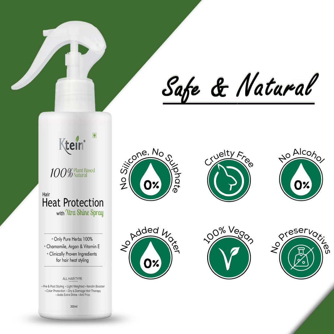 Ktein 100% Plant-Based Natural Hair Heat Protection Spray with Extra Shine (200ml) - Vegan, Sulfate-Free Styling for Curly, Straight & Damaged Hair - Perfect for Blowouts, Flat Ironing & Daily Styling