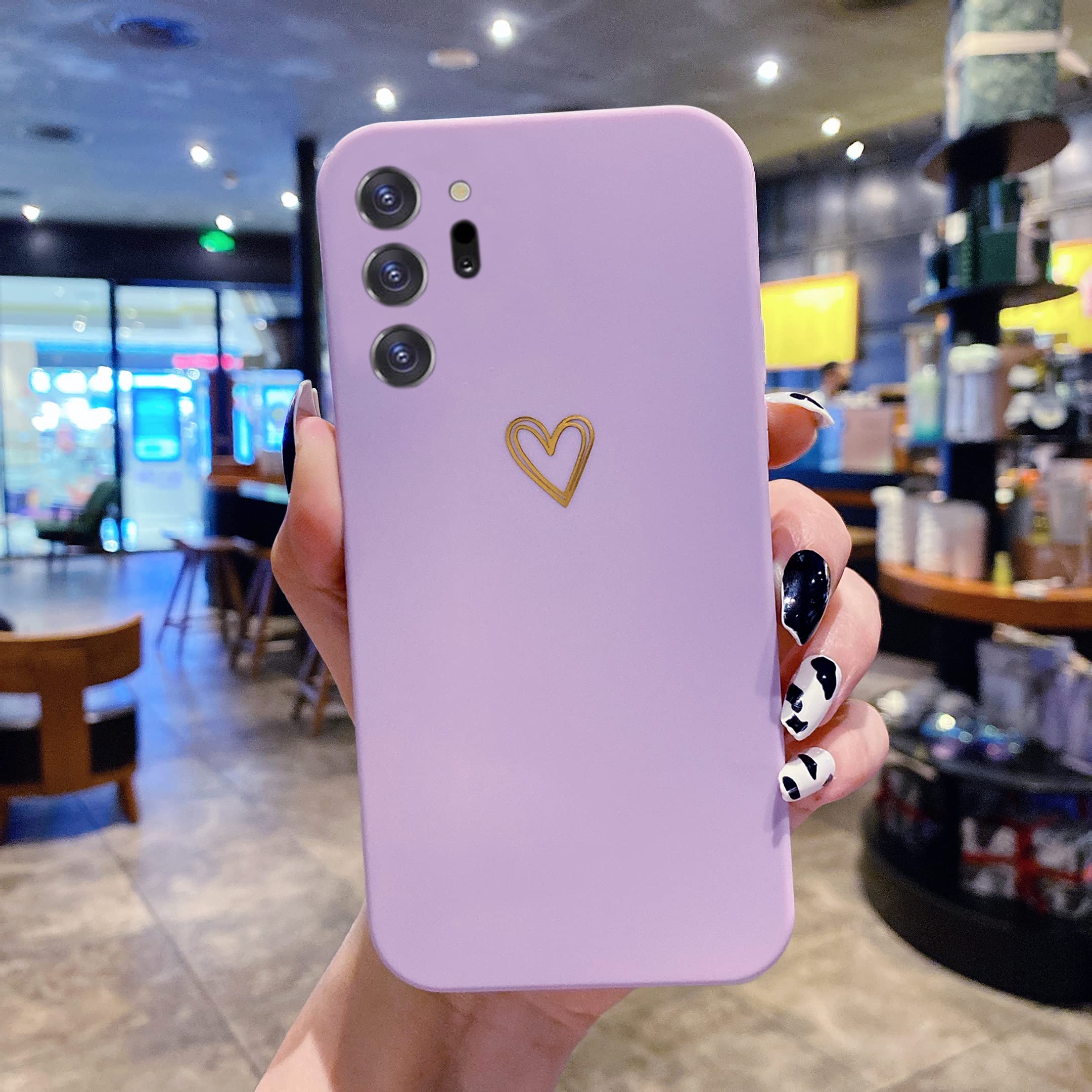 Qokey Galaxy Note 20 Ultra 5G Case (6.9 inch 2020 Model) - Cute Gold Heart Pattern Soft Silicone Protective Cover | Shockproof TPU Phone Case for Women & Men | Perfect for Everyday Use, Work & Travel - Lavender Color