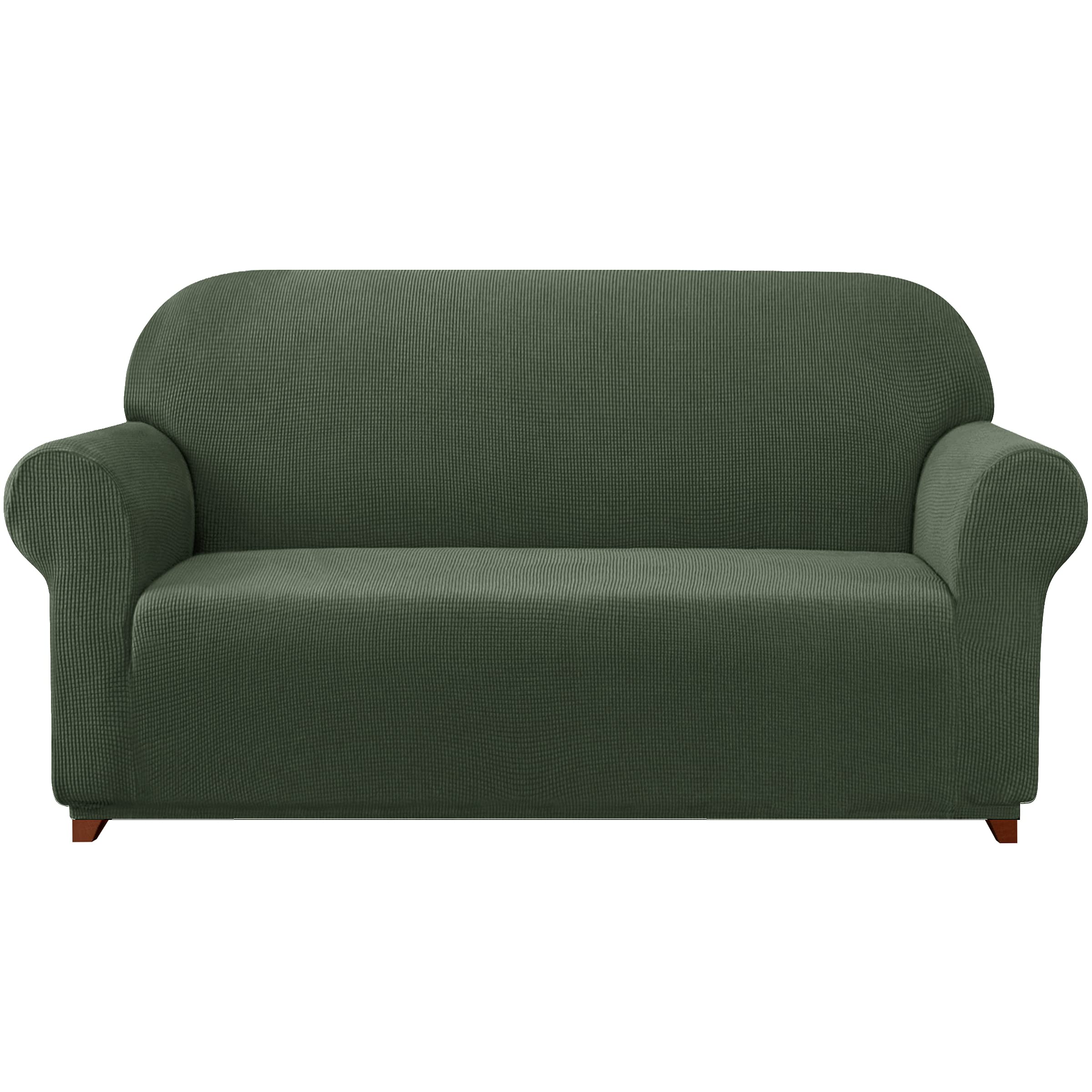 SUBRTEX 1-Piece Stretch Sofa Slipcover - Jacquard Fabric Small Checks, Washable Couch Cover for Living Room Furniture (Olive Drab, Large) - Perfect for Pet Owners & Family Gatherings