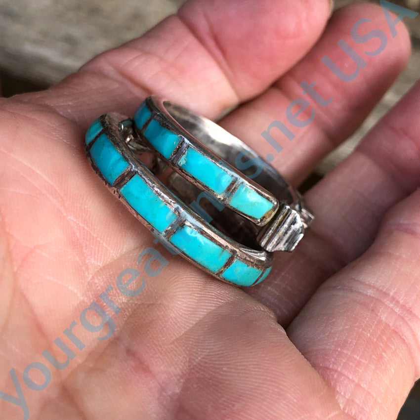 Vintage Hopi Sterling Silver & Turquoise Inlay Clip-On Hoop Earrings – Handmade Native American Jewelry for Women – Perfect for Casual Wear, Festivals, and Special Occasions