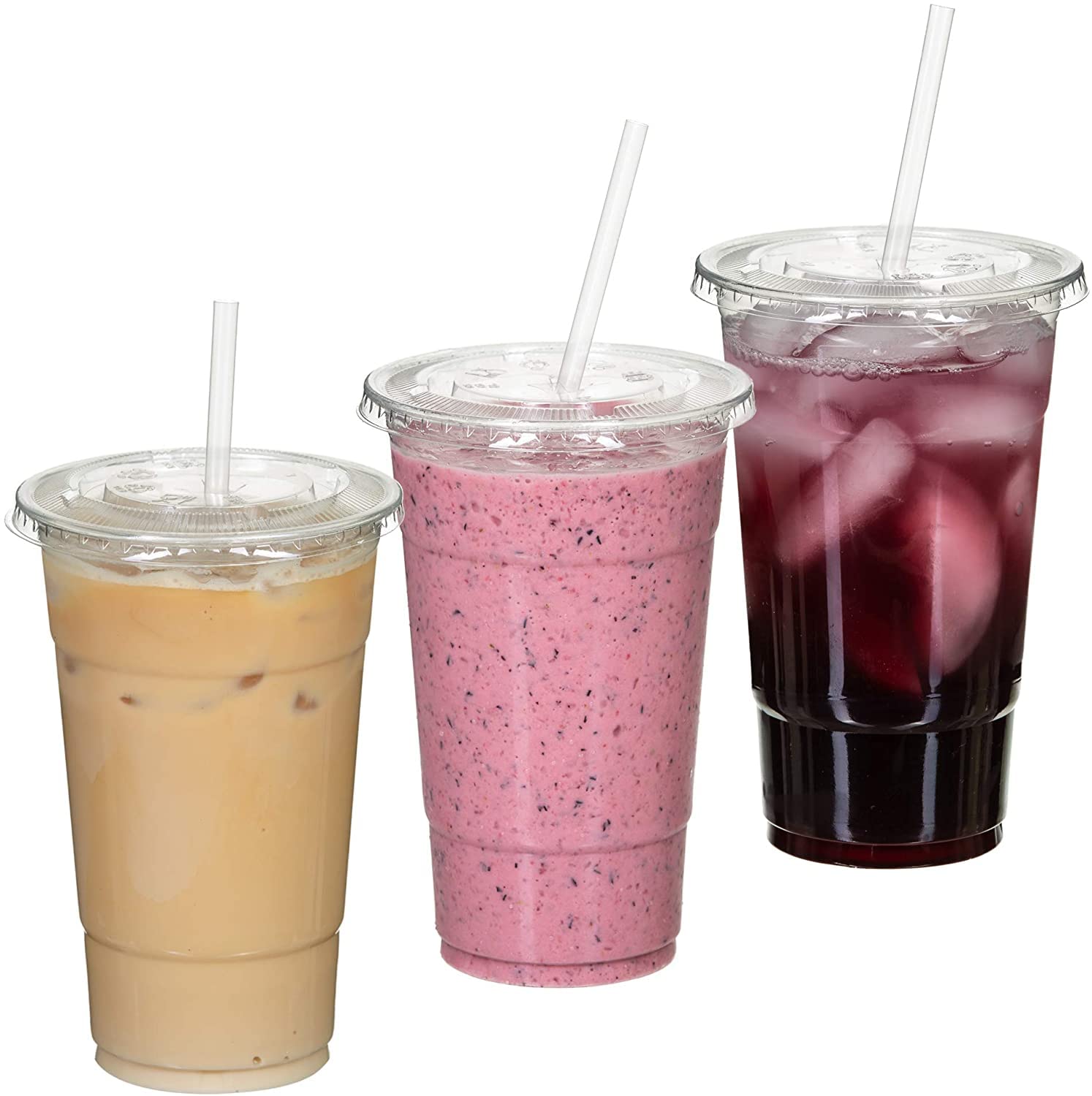 Nicole Fantini 24 oz Clear Plastic PET Cups with Flat Lid & Straw - BPA-Free, Recyclable, 500 Pack - Perfect for Iced Coffee, Smoothies, Boba Tea, Parties, and Takeout Drinks