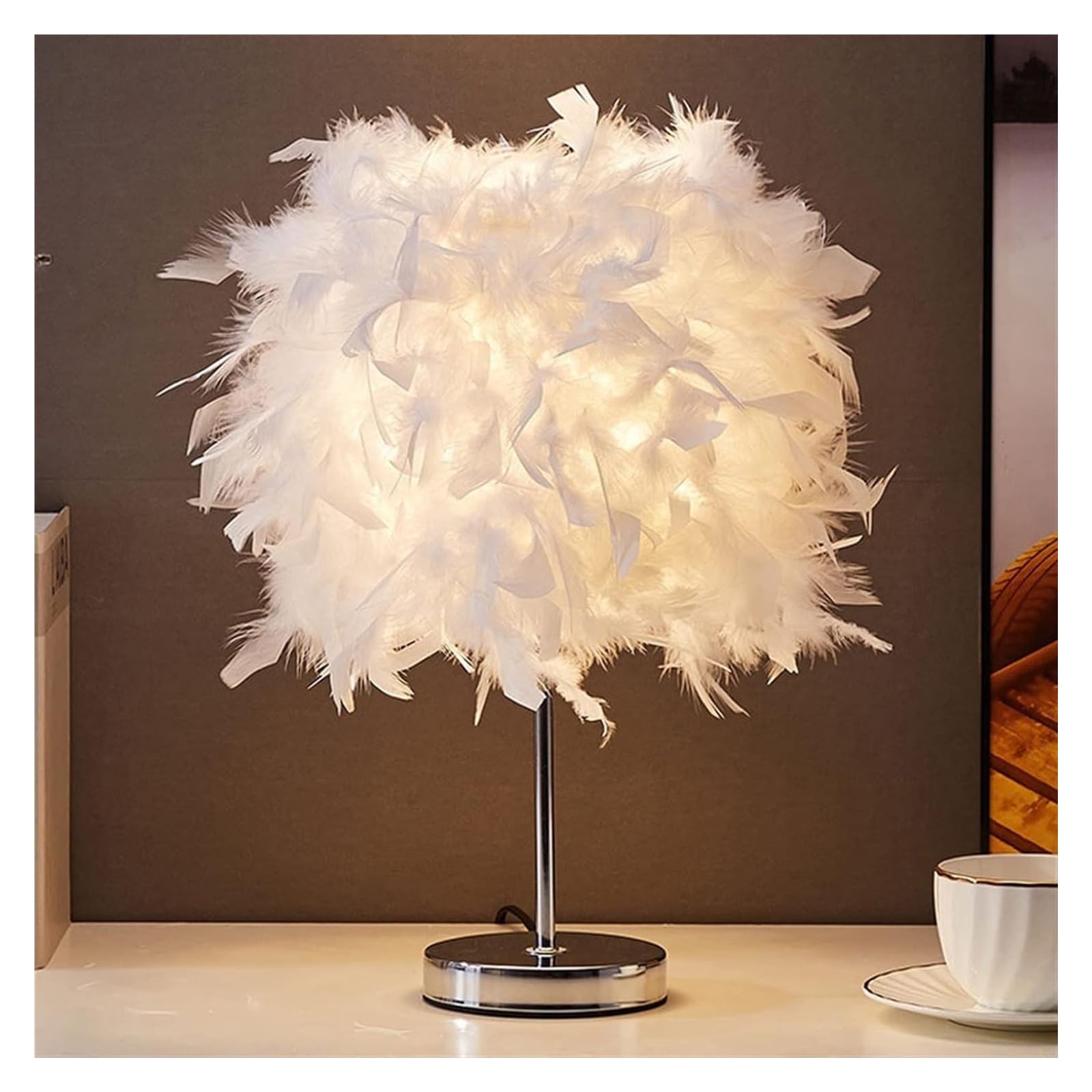Feather Table Lamp - Modern Desk & Bedside Night Light with Elegant Feather Lampshade for Living Room, Bedroom, Office Decor | Perfect for Reading, Relaxing & Ambient Lighting