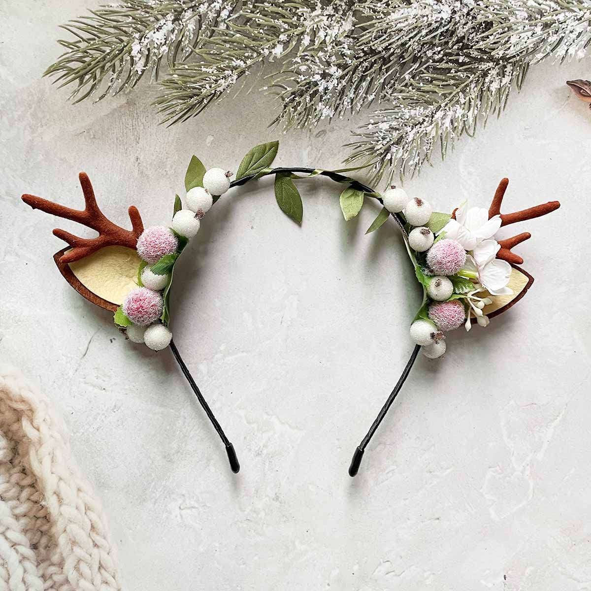 Wedity Christmas Antlers Hair Accessories - Xmas Party Berry Flower Hair Hoop Headband for Women & Girls | Perfect for Holiday Parties, Festive Photos & Christmas Costumes