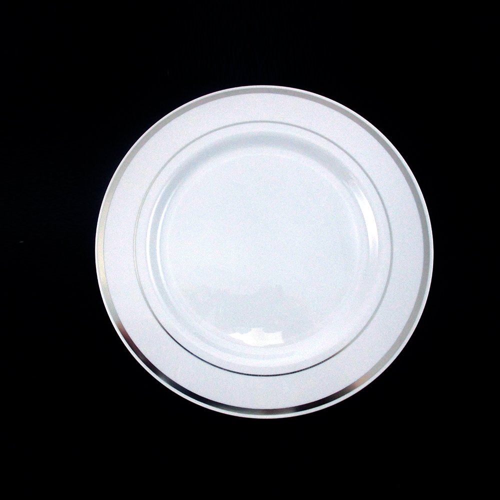 60-Piece Heavyweight Plastic Dinner Plates with Silver Rim - Elegant Disposable Salad Plates for Weddings, Parties, and Catering Events