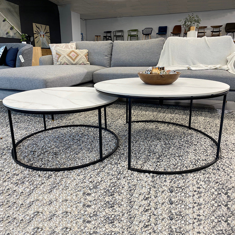 BRANDI Nest of 2 Tables - 75cm & 90cm White Ceramic Marble Coffee Side Tables - Perfect for Living Room, Bedroom or Office Decor