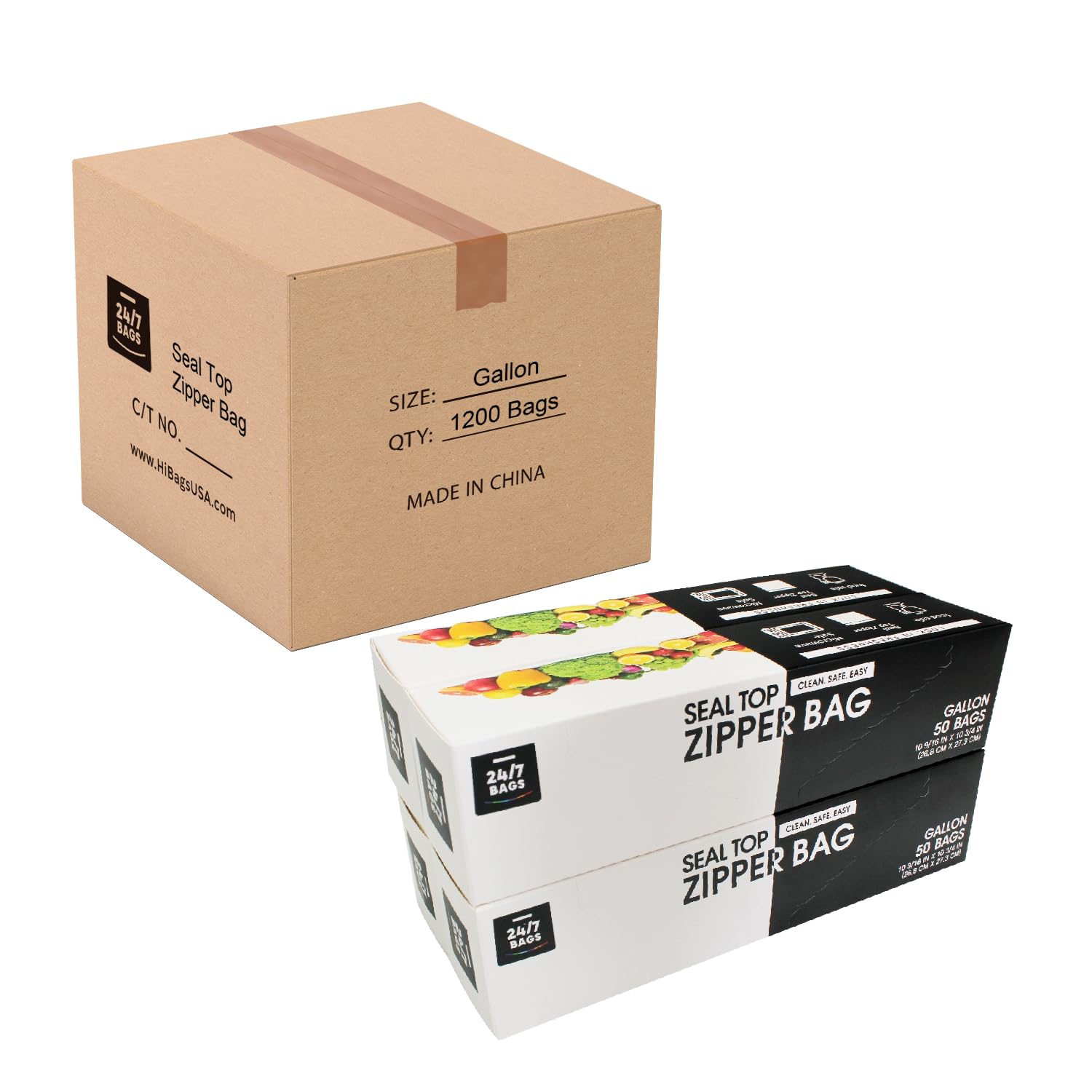 24/7 Bags - 1200 Count Heavy Duty Gallon Zip Storage Bags with Double Zipper Seal, Easy Grip Tabs & Write-On Space | BPA-Free, Case Pack of 24 Boxes (50 Bags Each) | Perfect for Food Storage, Organization & Freezer Use