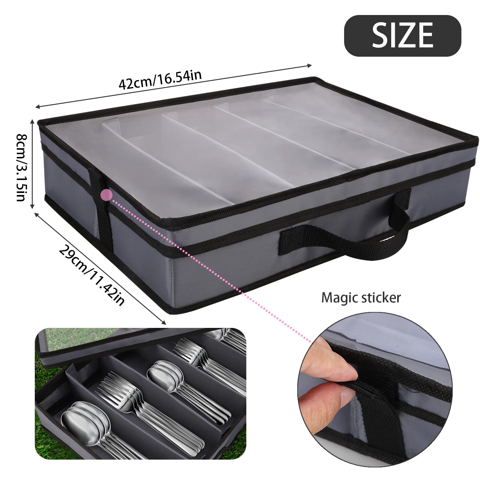 Premium Silverware Storage Box with Clear Lid & Adjustable Dividers - Large Capacity Cutlery Organizer for Utensils, Knives, Flatware - Perfect for Kitchen Drawer, Dining Table & Camping (Gray)