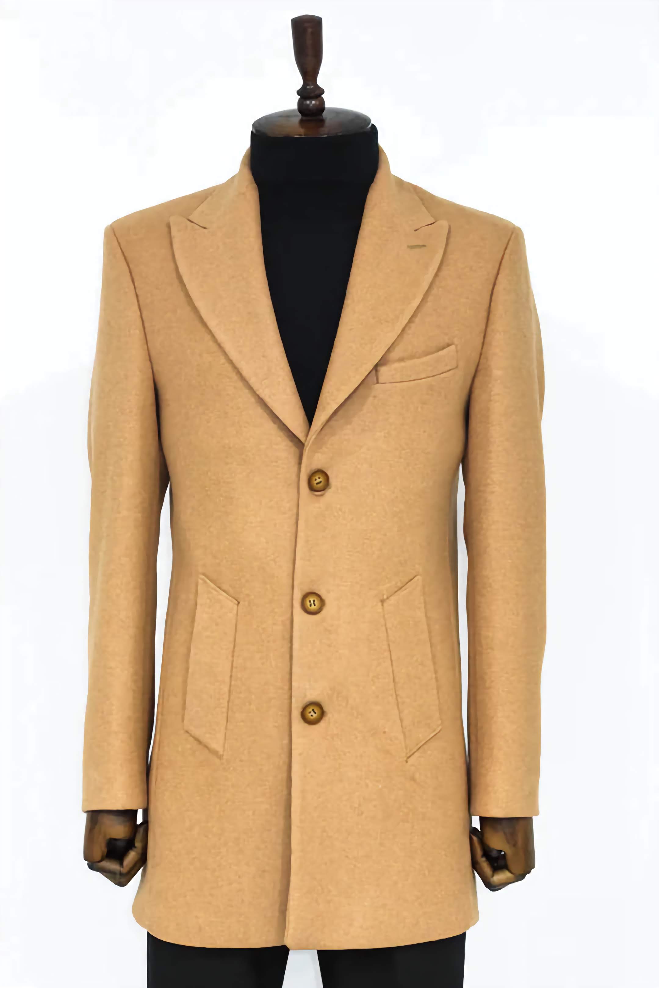 Stylish Camel Wide Lapel Wool Peacoat Slim Fit for Men - Perfect for Winter Fashion & Formal Occasions