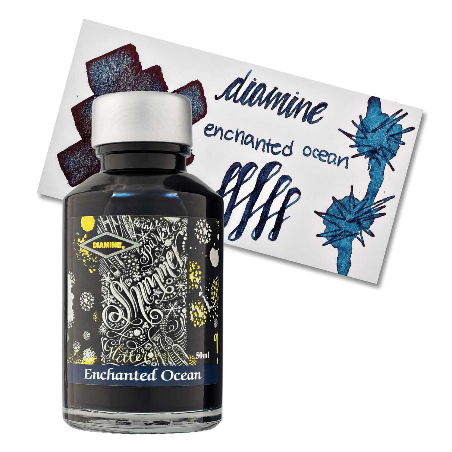 Diamine Shimmering Bottled Ink - Enchanted Ocean Blue Black (50mL) for Calligraphy, Fountain Pens & Artistic Writing