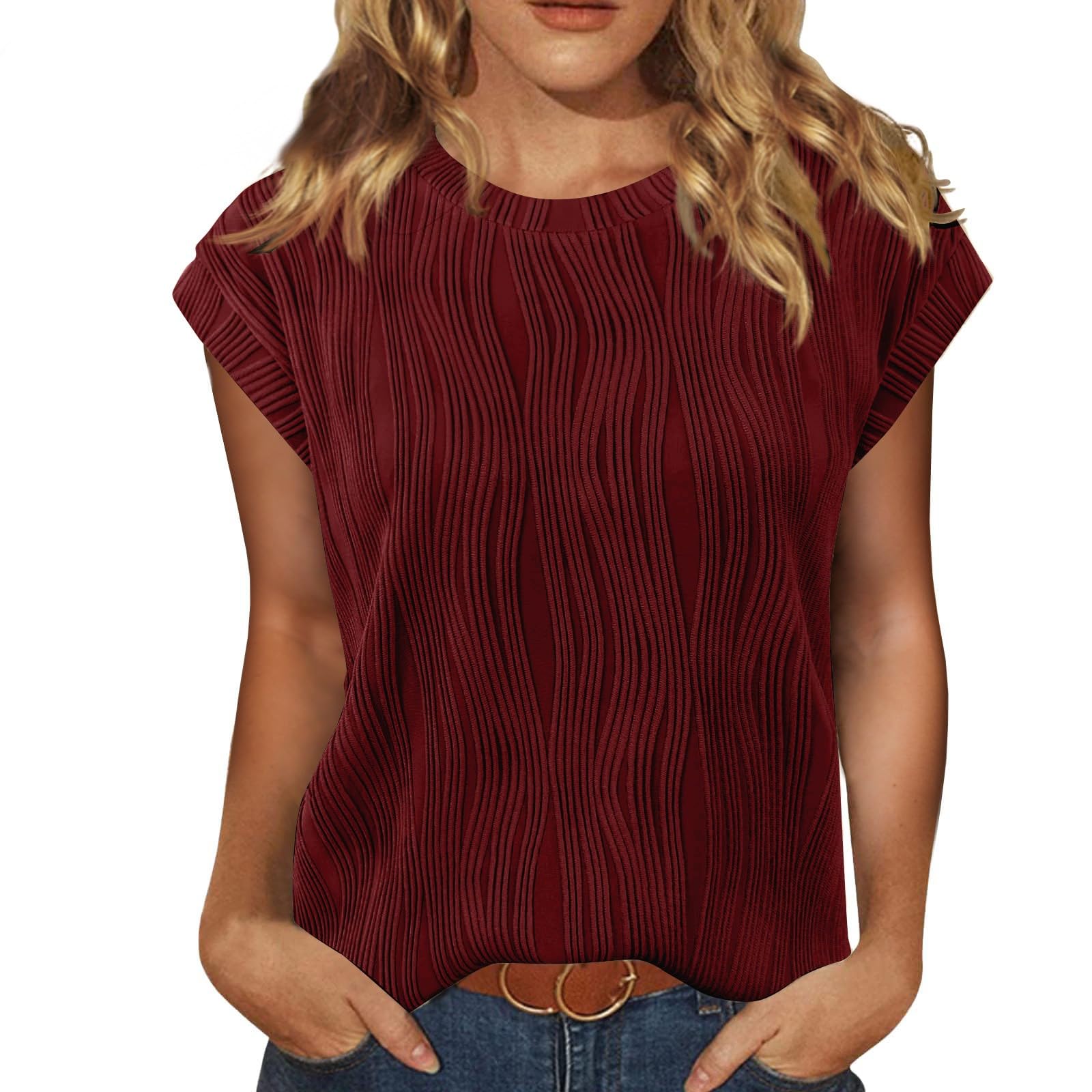 2024 Summer Women's Short Sleeve Dressy Tops - Cute Crewneck Textured Cap Sleeve Trendy T-Shirts for Casual Outings & Date Nights