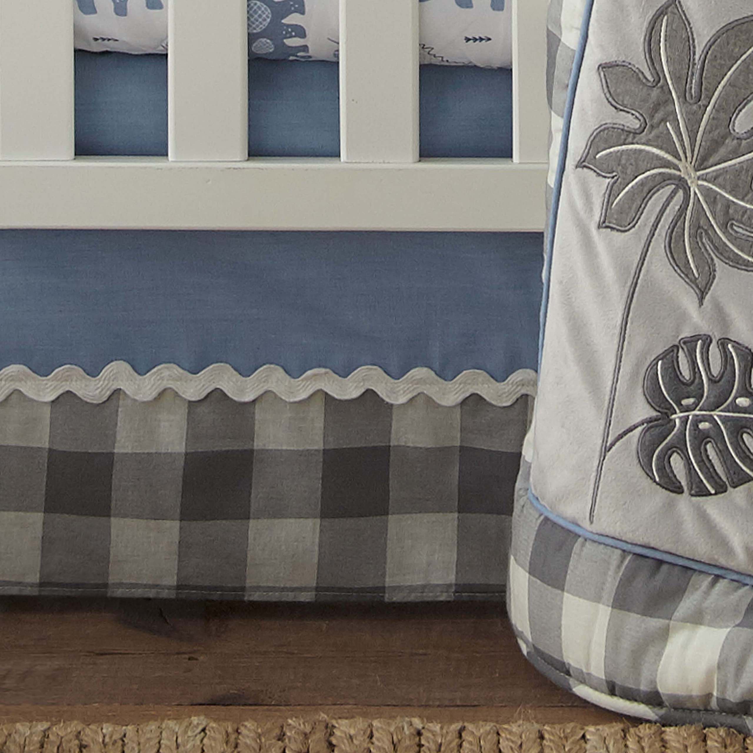 Levtex Baby Kipton 4-Piece Crib Bedding Set - Dinosaur & Leaf Print Nursery Collection in Grey, White & Blue - Includes Quilt, Fitted Sheet, Dust Ruffle & Wall Decal - Perfect for Newborn & Toddler Room Decor