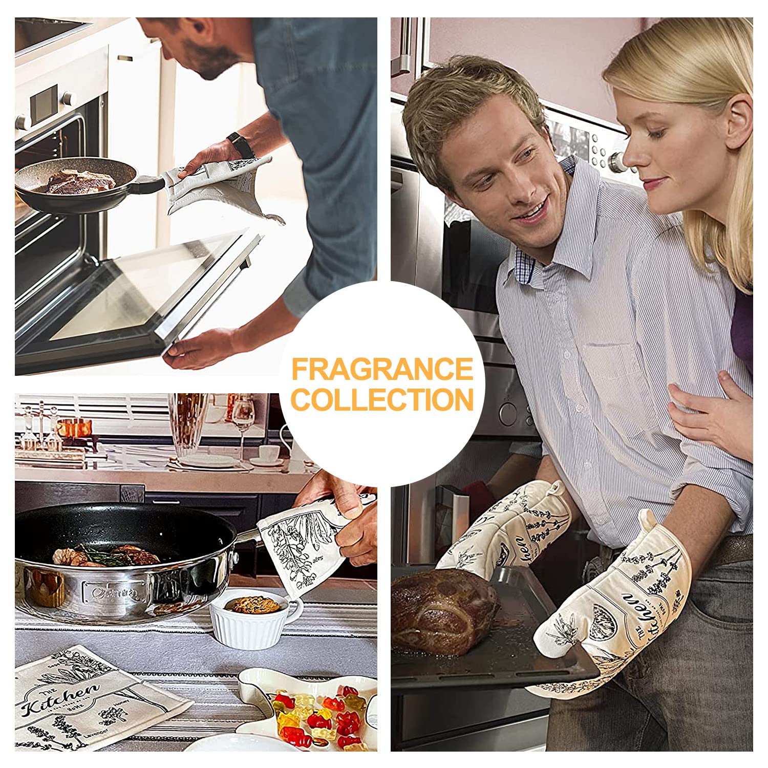 4PCS Beige Oven Mitt Set - 100% Cotton Heat Resistant Kitchen Gloves & Pot Holders for Baking, Cooking, Grilling - Perfect for Oven, Stove & BBQ Use