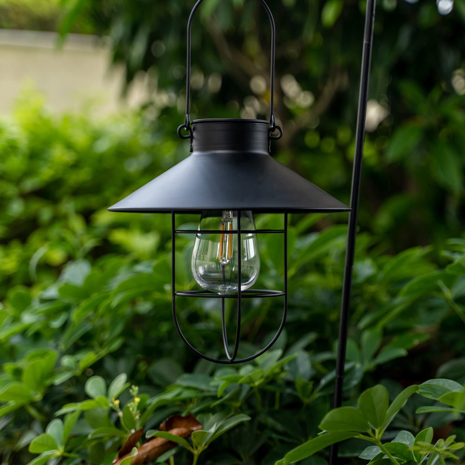 HUYIENO 2 Pack Solar Powered Outdoor Hanging Lanterns - Black Metal LED Garden Lights with Shepherd Hook | Weatherproof for Patio, Yard, Pathway & Landscape Decoration
