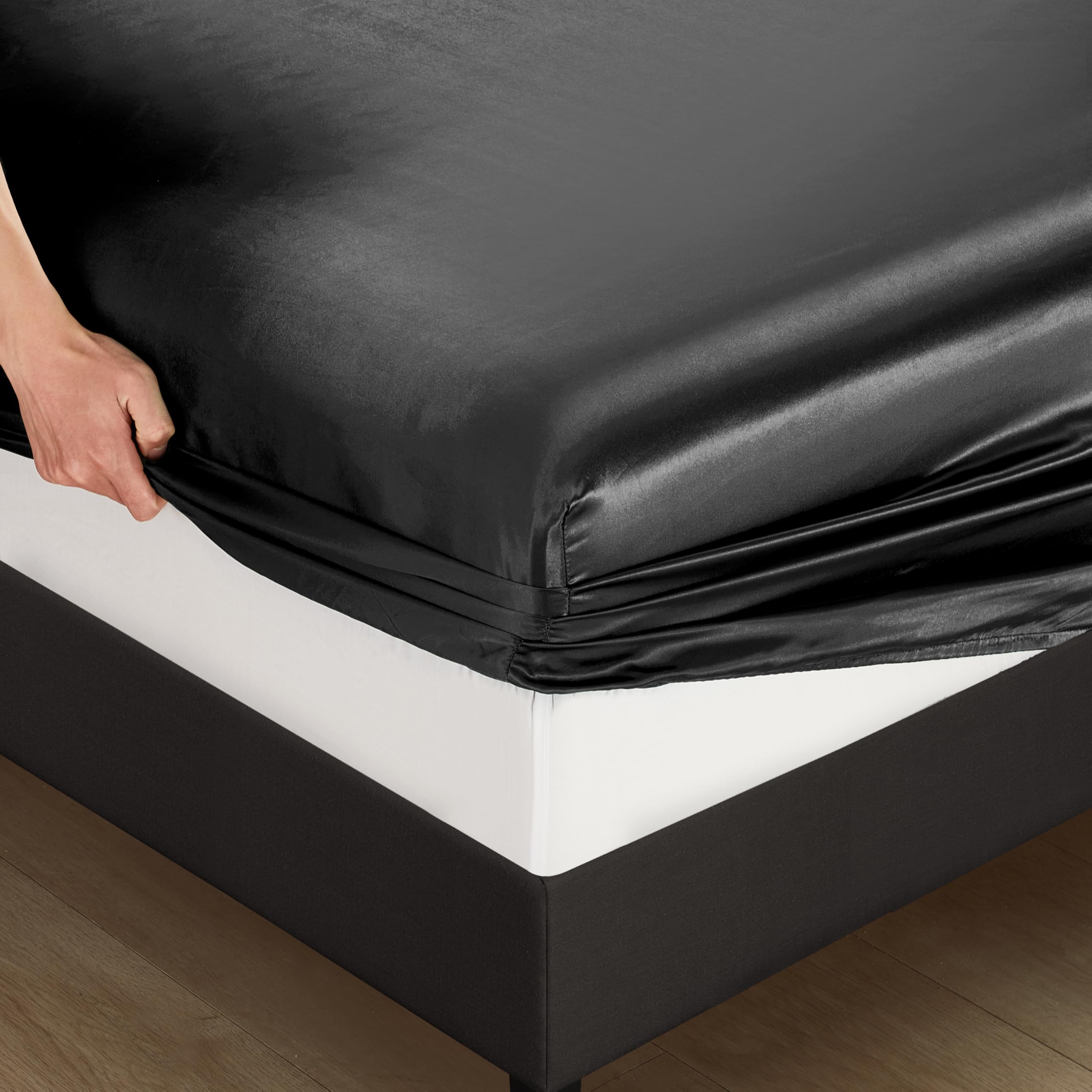 Silk Satin Black Twin Fitted Sheet - Deep Pocket 16