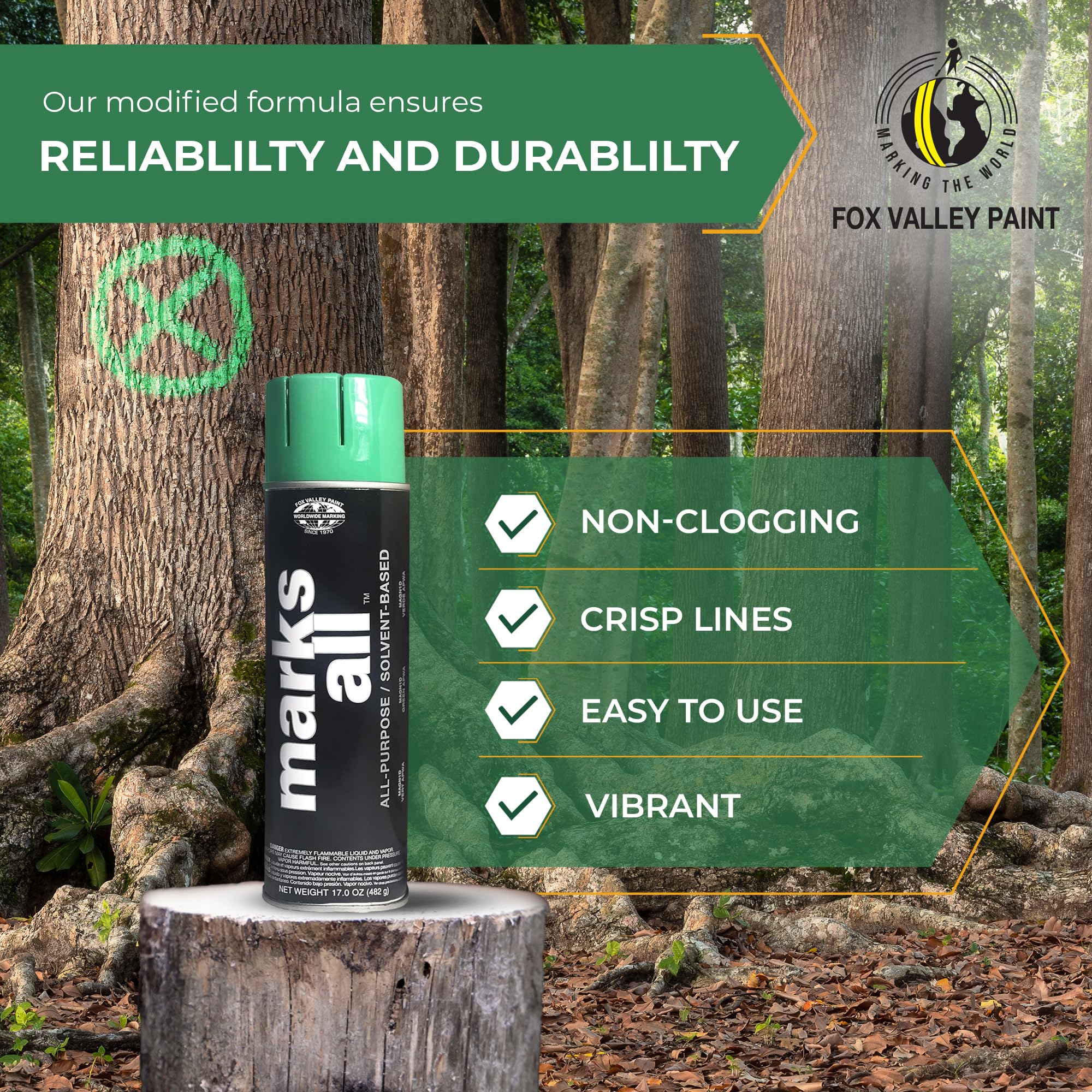 Fox Valley Marks All Utility Marking Paint Spray Can - 18 oz (Pack of 12) Green APWA | Easy Use Lawn, Tree, Driveway & Parking Lot Marking Paint | Perfect for Landscaping, Construction & Property Maintenance