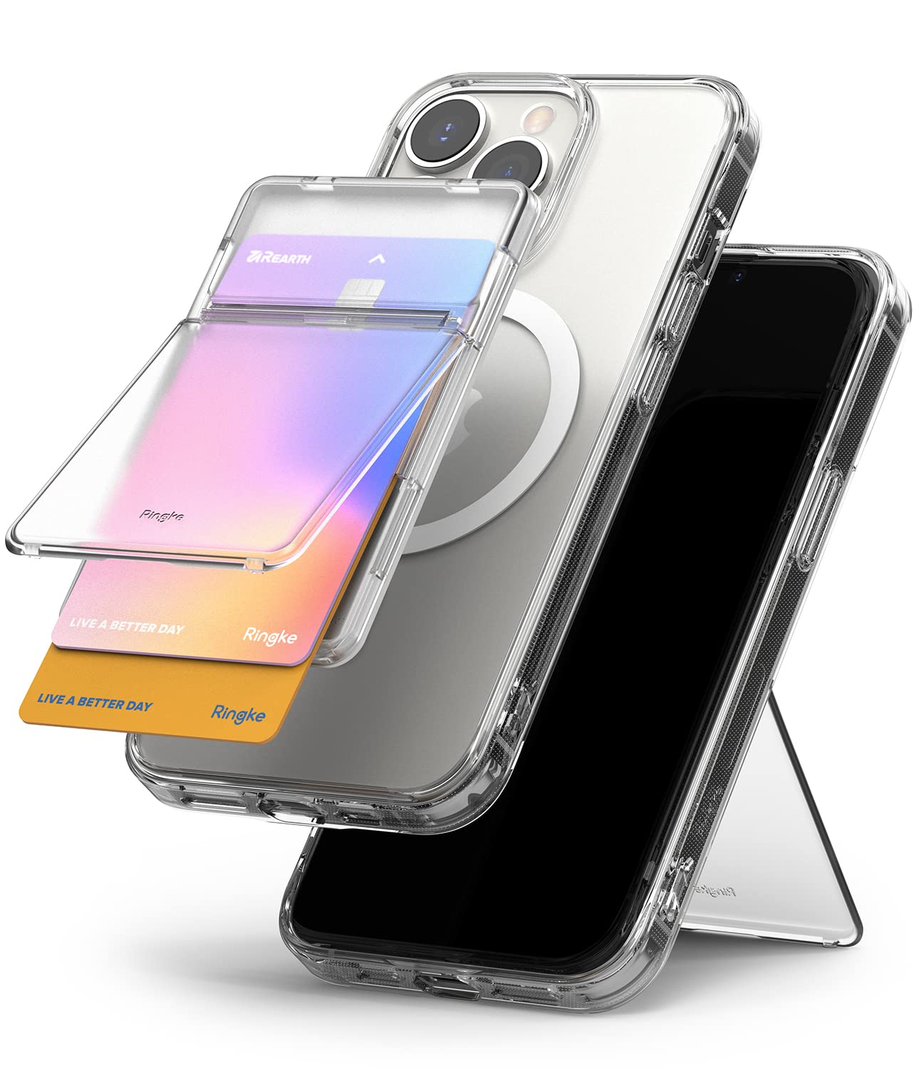 Ringke Magnetic Stand Slot Card Holder - Phone Wallet with Built-in Stand | ID & Credit Card Holder for Magsafe Compatible iPhone 13/12/Pro Max/Mini | Clear Mist Design | Perfect for Hands-Free Viewing, Secure Storage & Everyday Convenience