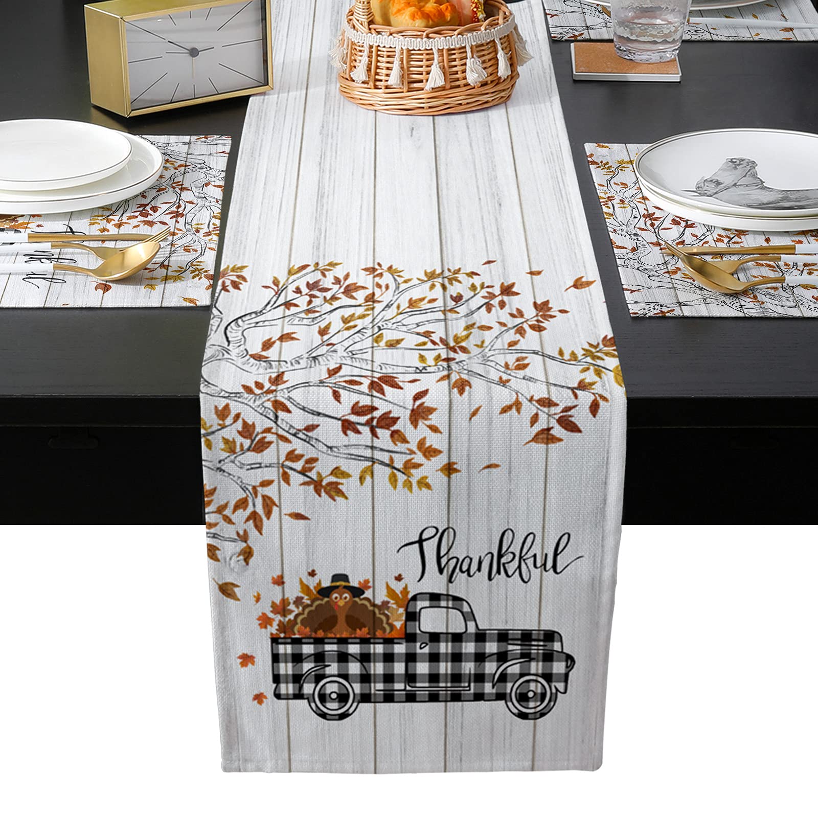Savannan Burlap Thanksgiving Table Set - 6 Rustic Plaid Placemats & 1 Farmhouse Table Runner for Holiday Decor (Black/Tan Turkey Maple Leaf Design) - Perfect for Fall Gatherings, Dinner Parties & Autumn Home Decoration