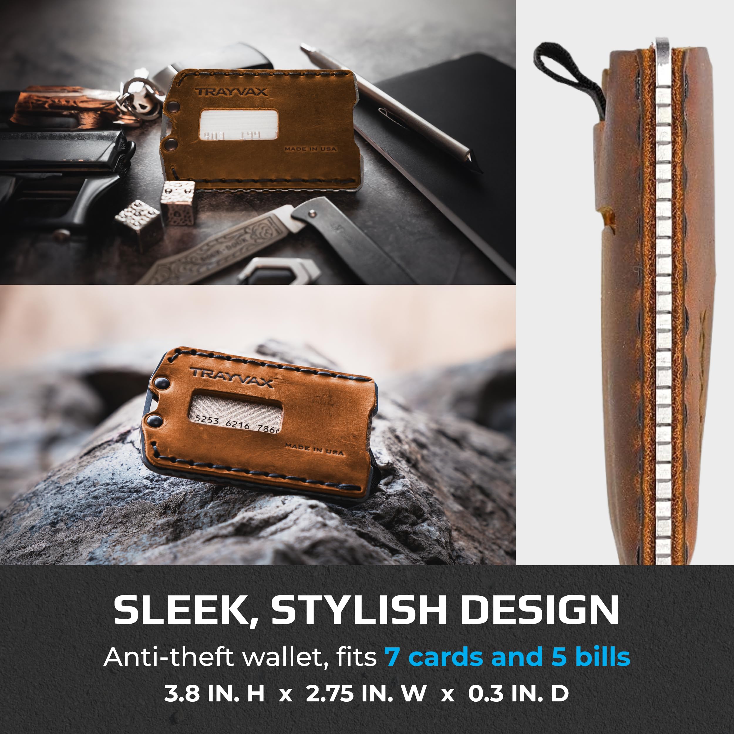 Trayvax Ascent RFID Blocking Front Pocket Wallet - Slim Leather & Metal Minimalist Wallet for Men & Women - Raw Tobacco Brown - Perfect for Travel, Everyday Carry & Secure Credit Card Storage