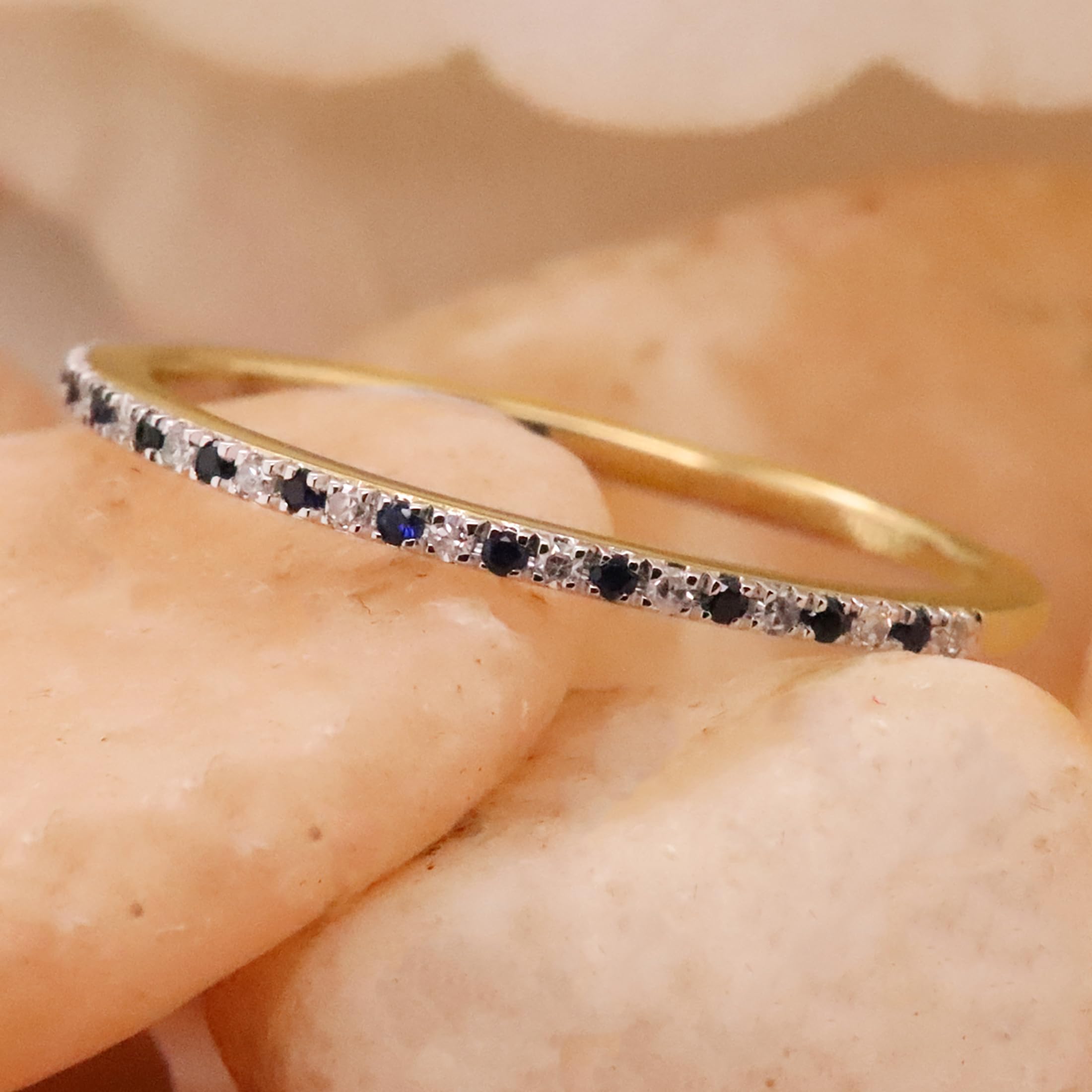 Stunning Round Blue Sapphire & White Diamond Half Eternity Wedding Band for Women - 14K Solid Gold Bridal Ring | Perfect for Engagement, Anniversary & Special Occasion Gifts