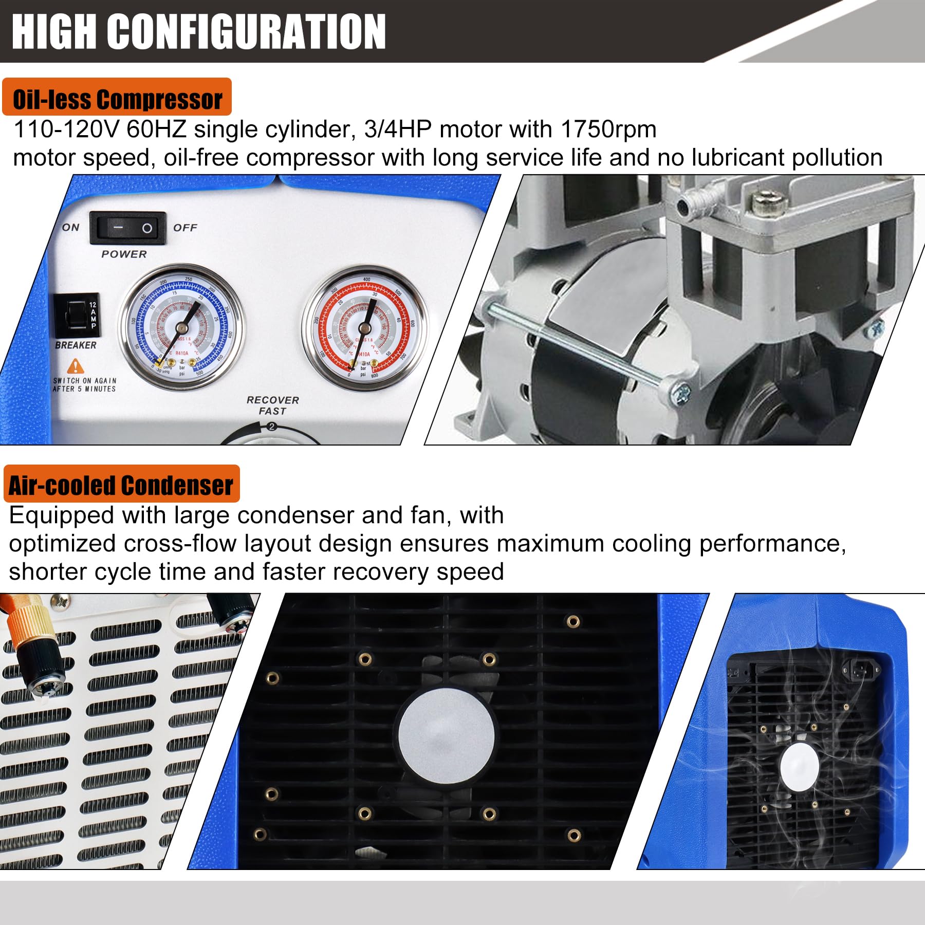 JIFETOR Portable AC Refrigerant Recovery Machine - 3/4HP Oil-Free Compressor for Recycling Liquid & Vapor Refrigerant | Automotive AC & HVAC System Maintenance Tool | Ideal for Car Repair Shops & Home HVAC Service