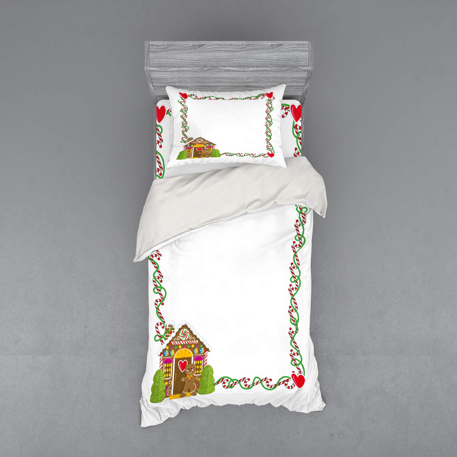 Ambesonne Christmas Duvet Cover Set - 3 Piece Twin Size Bedding with Sham & Fitted Sheet, Candy Cane Hearts & Gingerbread House Design, Multicolor Holiday Decor for Cozy Winter Bedrooms