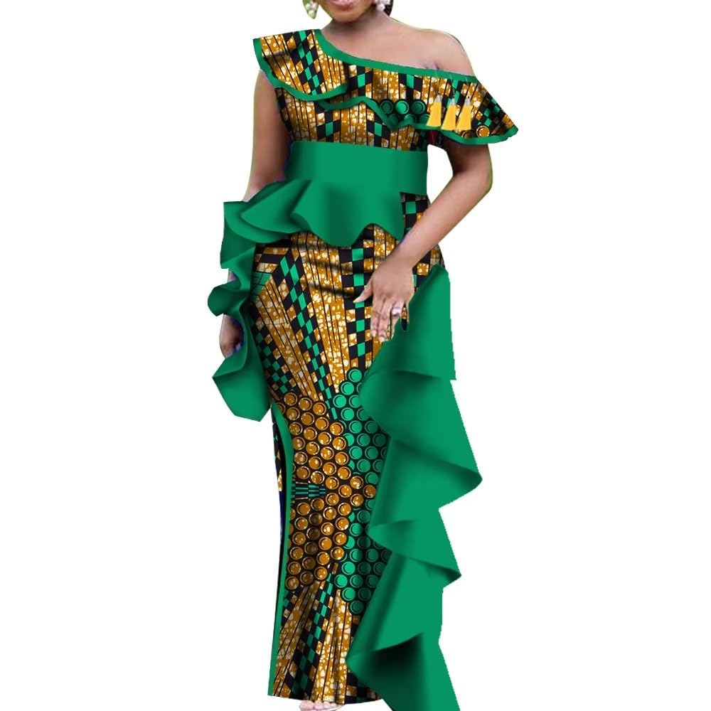 BAZINRICHE African Dresses for Women - Dashiki Print Long Party Dress with Ruffles Collar | Elegant Bazin Riche Formal Wear for Weddings, Church & Special Occasions