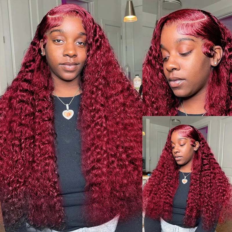 **28inch Pre-Colored Human Hair Curly Wig - Burgundy/Brown/Highlight 13x4 Lace Frontal Wig | Natural Look & Heat Resistant | Perfect for Cosplay, Parties & Daily Wear**