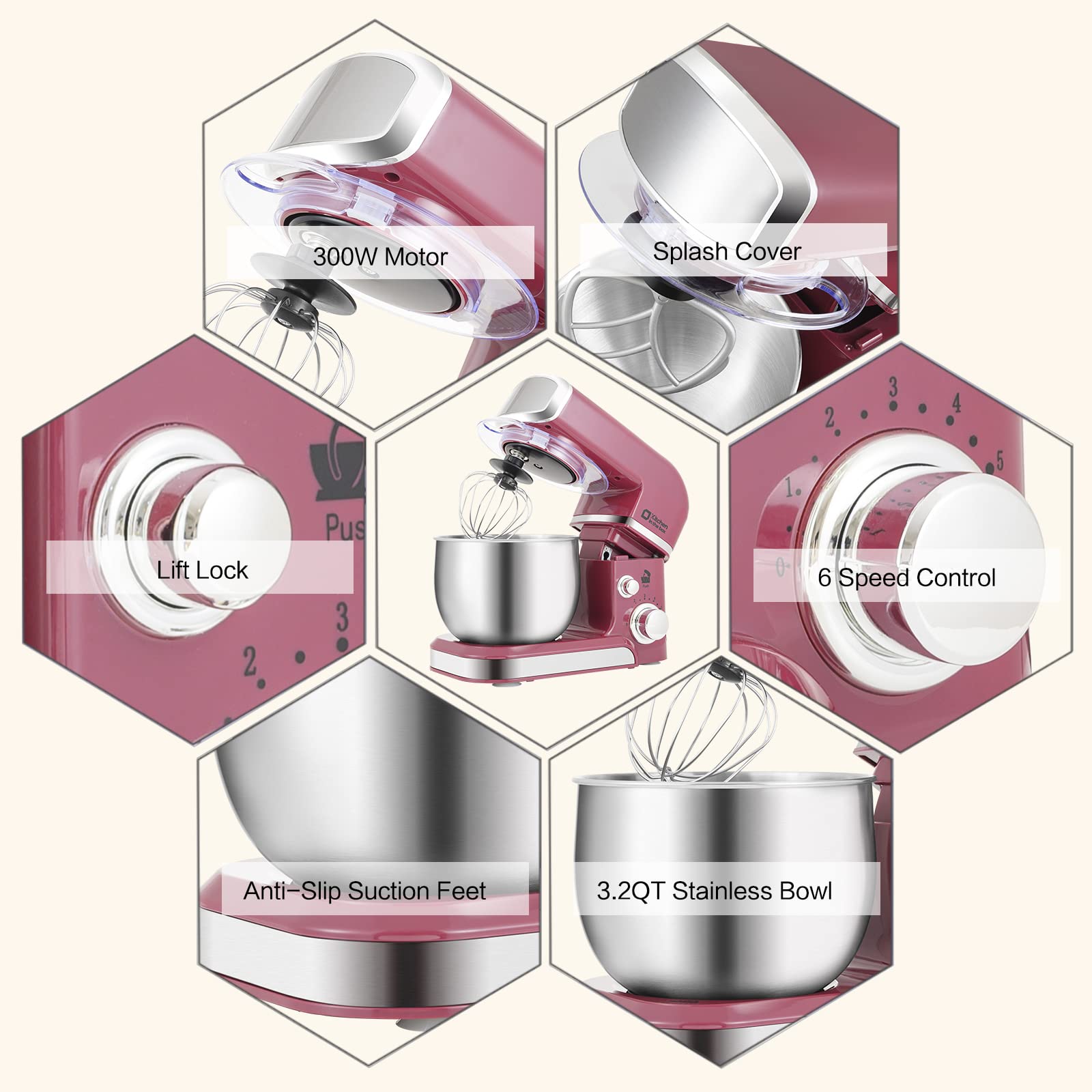 3.2Qt Stand Mixer - 6-Speed Electric Food Mixer with Attachments for Baking & Cooking (Purplish-red)