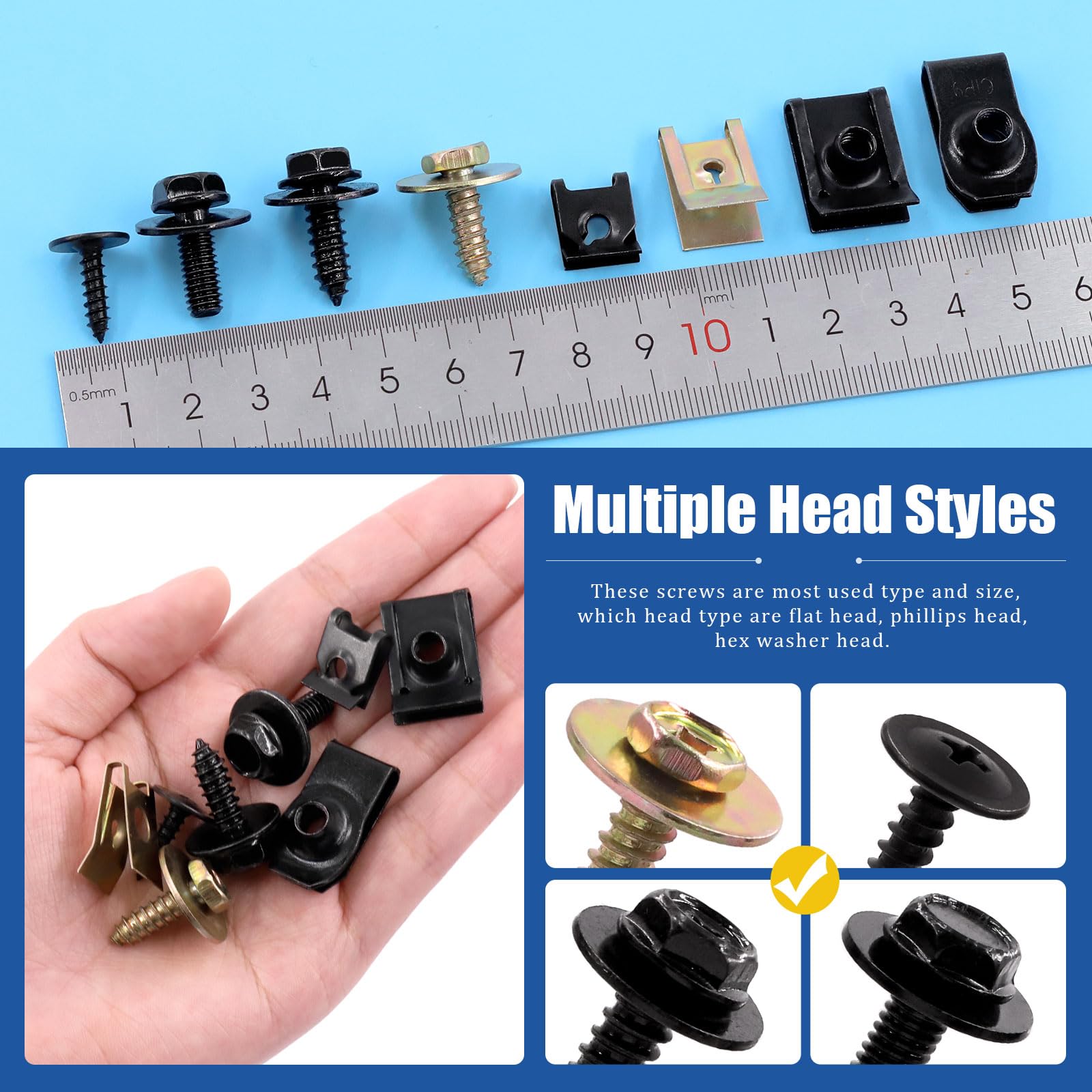 Glarks 64Pcs U-Clips and Body Bolts Screws Assortment Kit - 8 Sizes Auto Car Fasteners with Self Tapping Screws for Bumper, Fender, Trim Panels - Perfect for Car Repair, DIY Auto Maintenance and Vehicle Bodywork