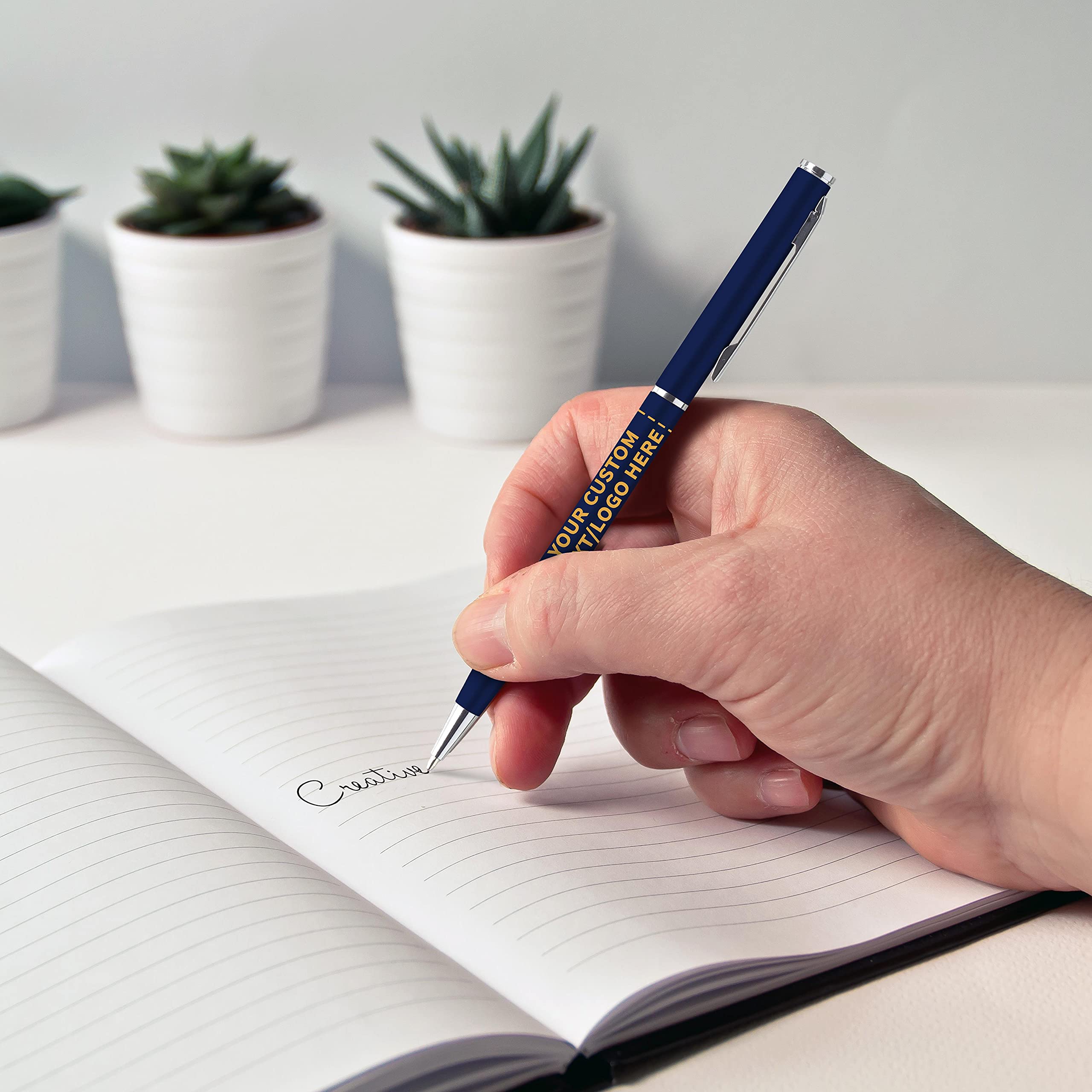 10 Pack Customizable Skinny Ballpoint Metal Pens with Black Ink - Sleek Twist-Off Design for Office, School & Gifts - Engrave Your Logo or Text (Blue)