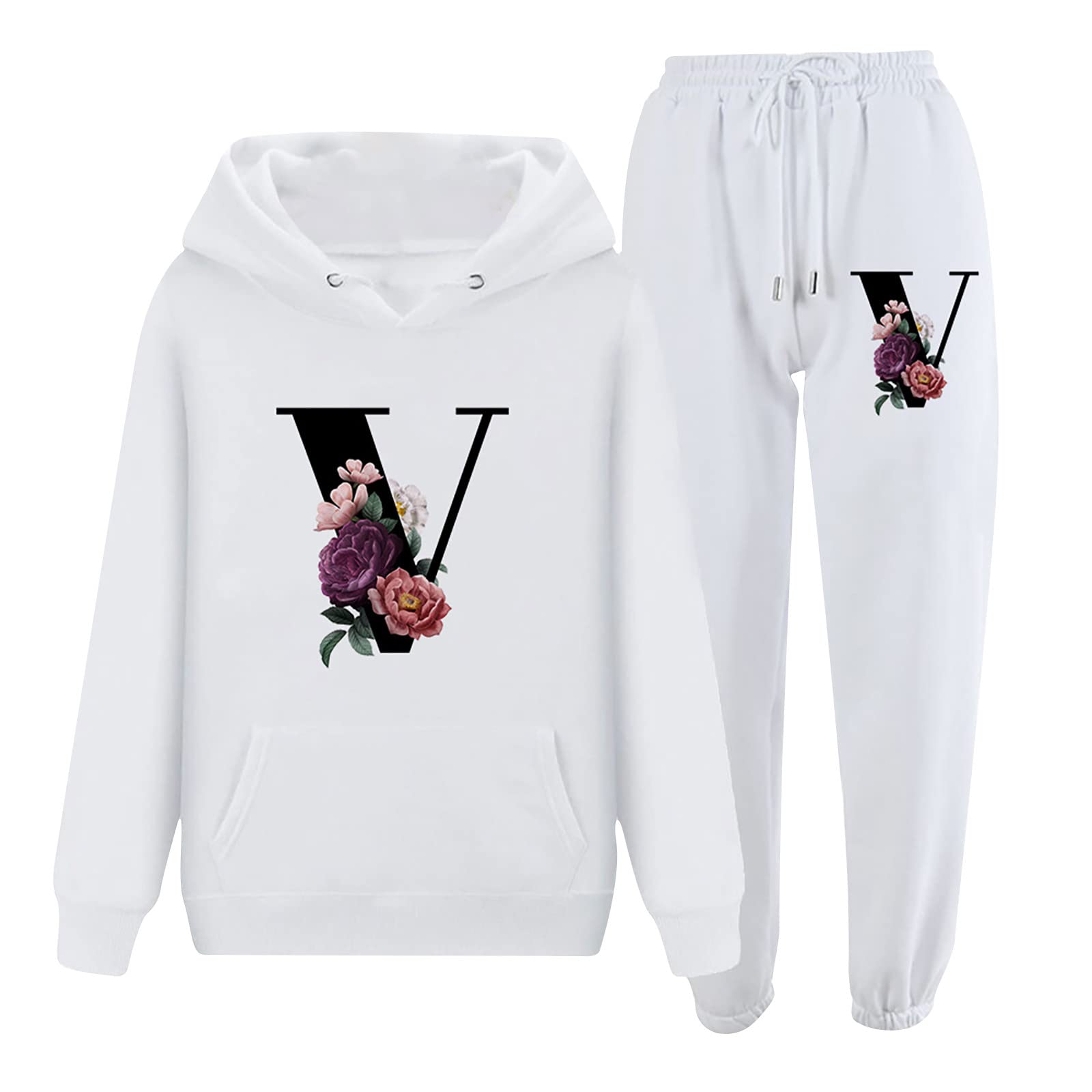 AMhomely Women's 2-Piece Letter Print Hooded Tracksuit Set - Pullover Sweatshirt with Pockets & Lounge Pants | Comfortable Sportswear for Gym, Yoga, Running & Casual Outfits