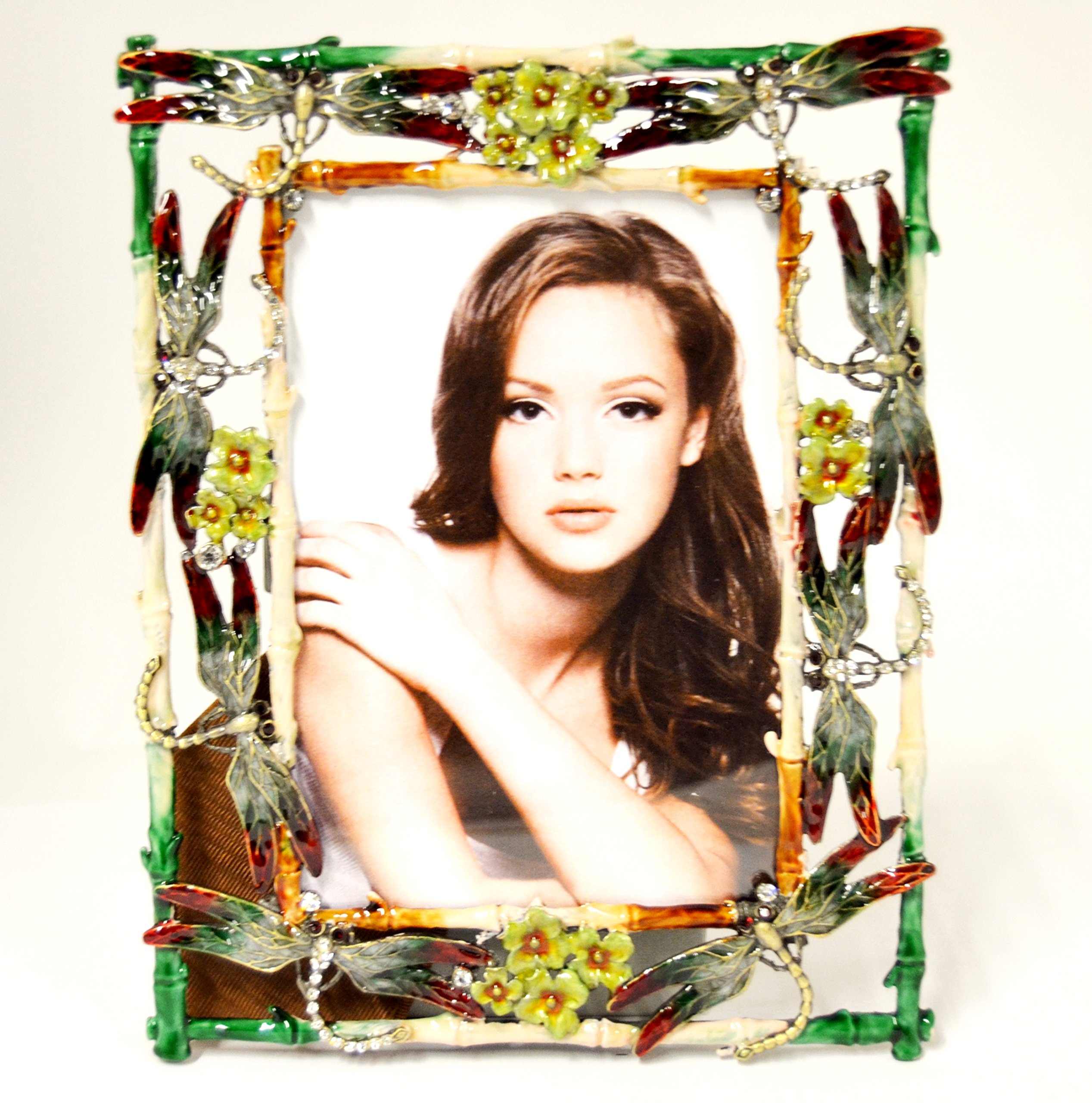 Hand Painted Floral Dragonfly Picture Frame with Green & Red Enamel and Austrian Crystals - Elegant Home Decor for Living Room, Bedroom, or Gift