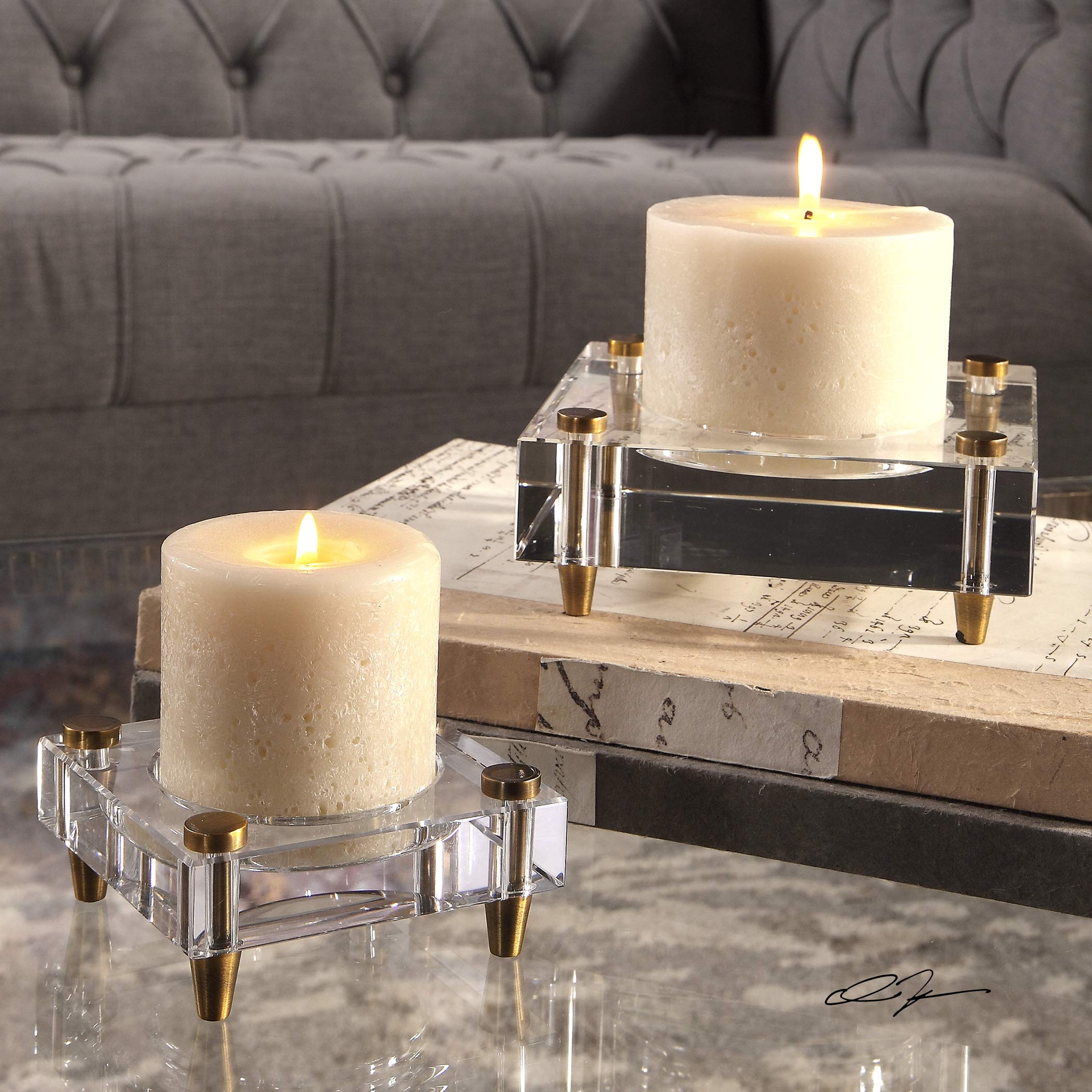 Luxury Minimalist Crystal Block Candle Holder Set of 2 - Square Gold Pillar Candle Stand for Wedding, Home Decor, Table Centerpiece, Romantic Dinner & Spa Ambiance
