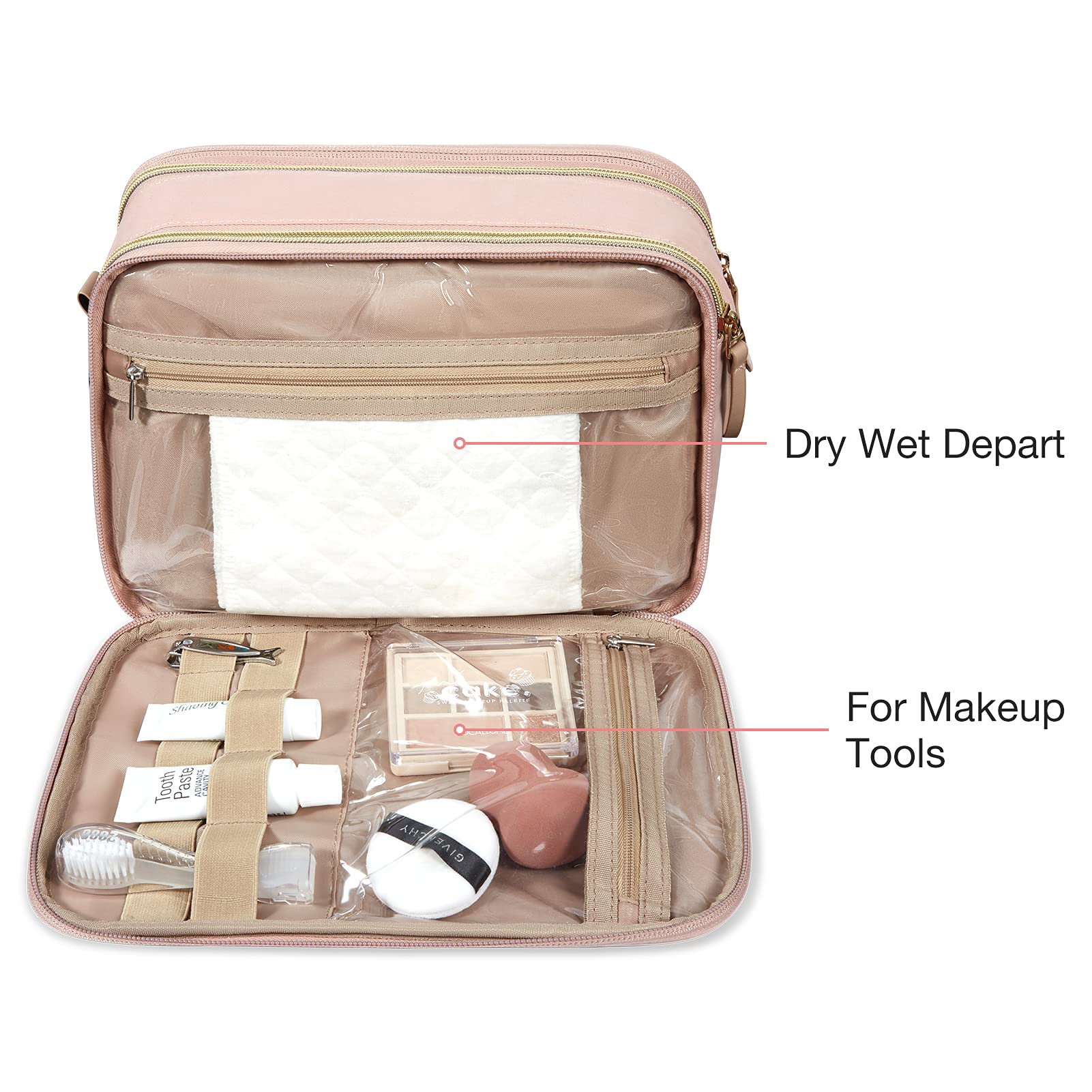 BAGSMART Waterproof Large Toiletry Bag for Women - Pink Cosmetic Organizer with Multiple Pockets for Makeup, Shampoo, Full-Sized Toiletries | Perfect for Travel, Gym, Camping & Daily Essentials (Medium Size)