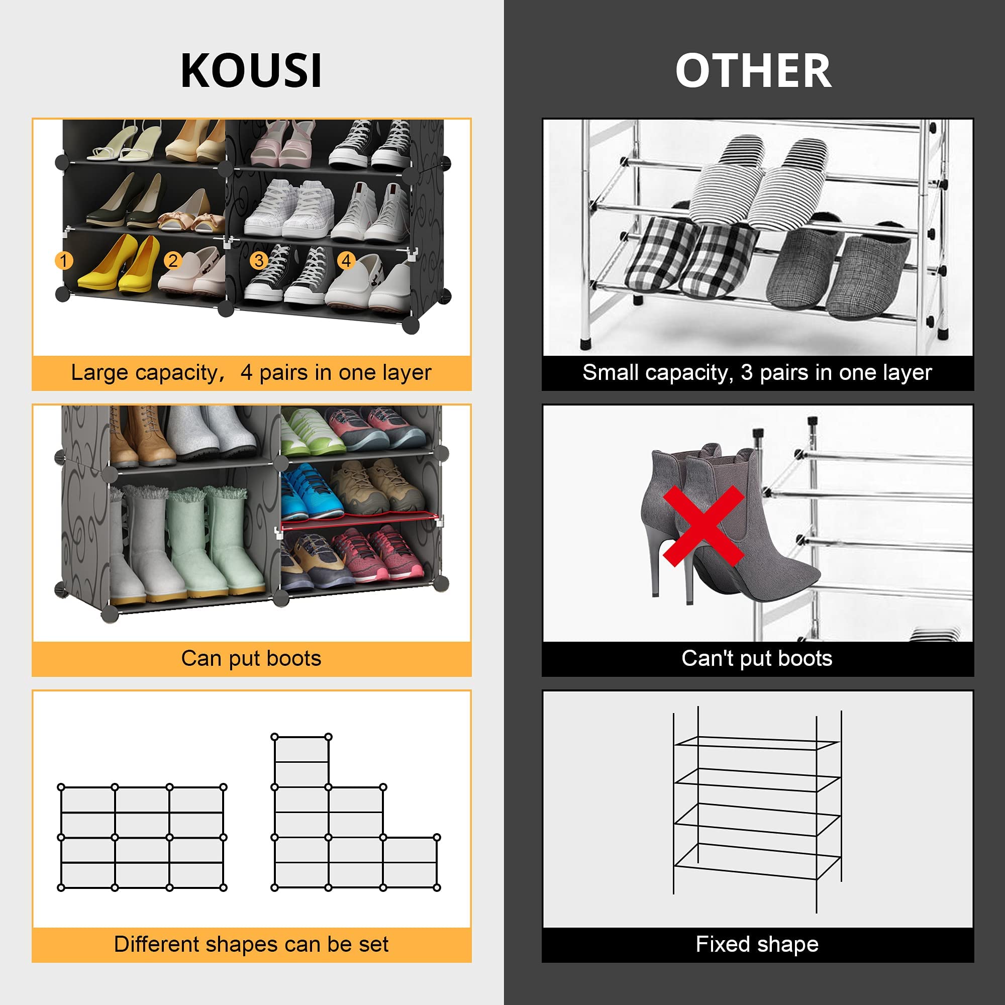 KOUSI 48 Pair Expandable Shoe Rack Organizer - 8 Tier Tower Shelf Storage Cabinet for Heels, Boots & Slippers | Space Saving Closet Organizer for Bedroom, Entryway & Dorm (Black)