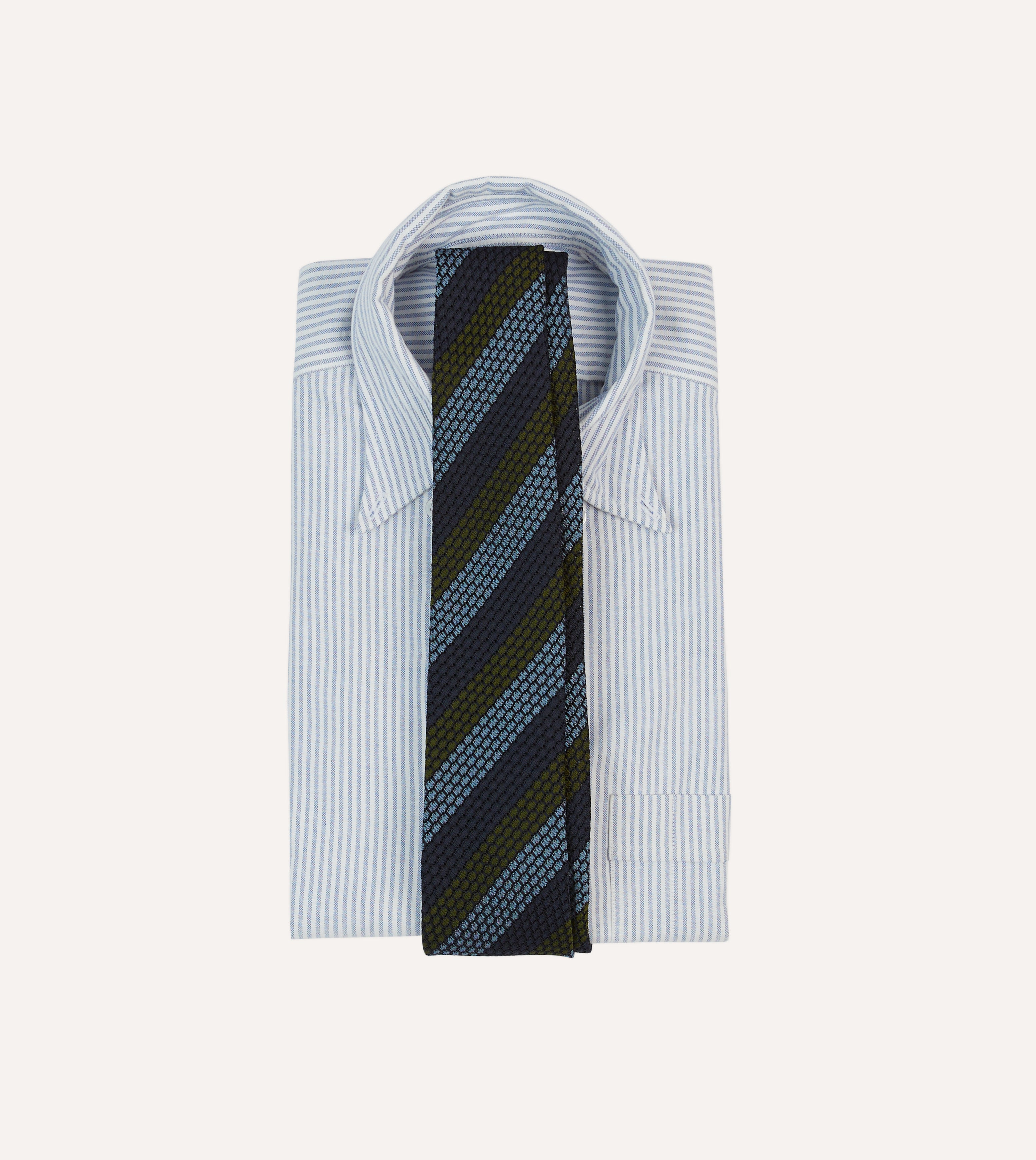 Premium Navy, Green & Blue Block Stripe Hand-Rolled Silk Grenadine Necktie - Elegant Formal Wear for Business Meetings & Special Occasions