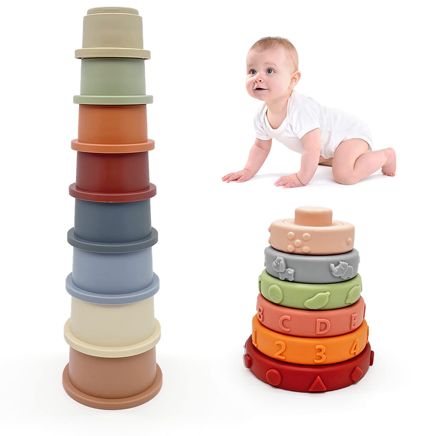AESTEMON Montessori Stacking Cups & Rings - Educational Baby Toys for 6-18 Months with Letters, Animals, Colors & Shapes - Perfect Gift for Boys & Girls - 2 Sets - Ideal for Early Learning & Sensory Play at Home or Daycare