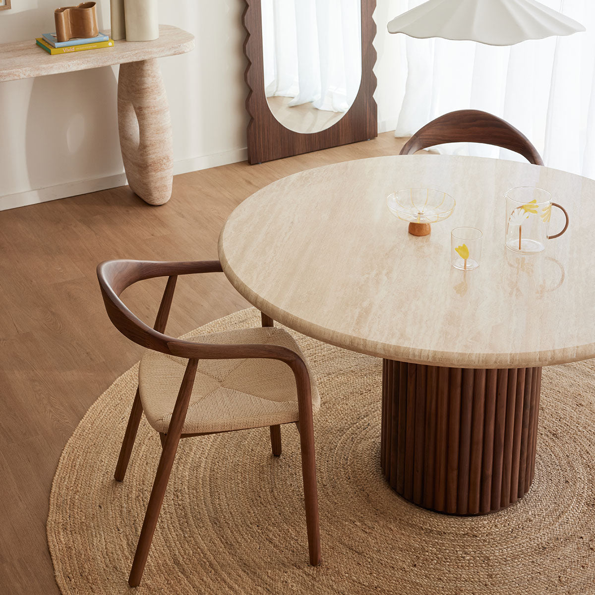 Cosmos Walnut & Travertine Dining Table - 150cm Modern Round Wooden Table for Kitchen, Dining Room & Small Spaces - Perfect for Family Gatherings & Dinner Parties