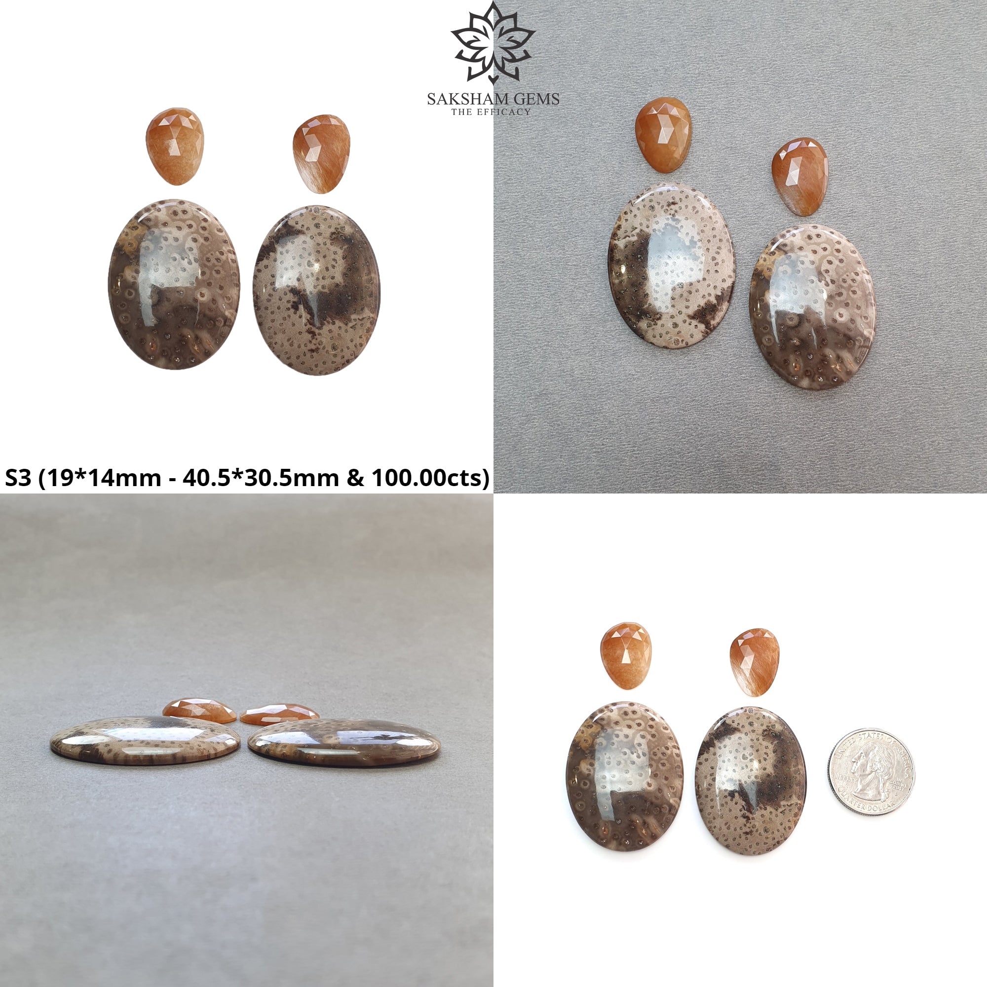 Natural Untreated Botswana Agate Sunstone & Peach Moonstone Gemstone Rose Cut Cabochon - Bi-Color Agate Egg Oval Shape 4pc Set for Jewelry Making, Wire Wrapping & Crystal Healing