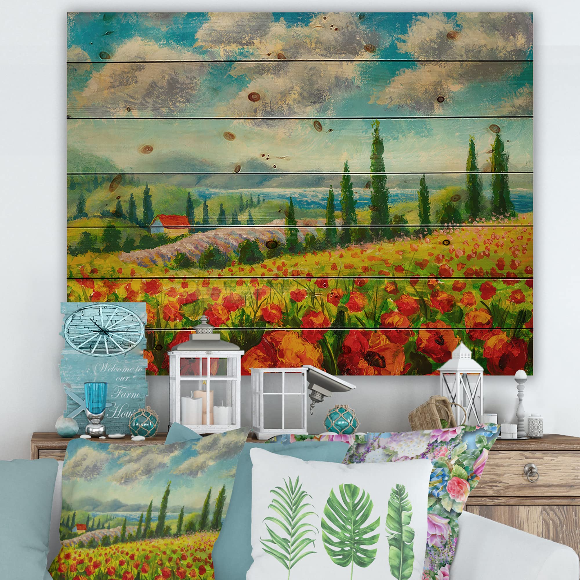 Traditional Italian Poppies Landscape Wood Wall Art - Large Floral Pine Wood Panel Decor for Living Room, Bedroom & Office | Hand-Painted Red Wood Wall Hanging for Home & Office Decoration