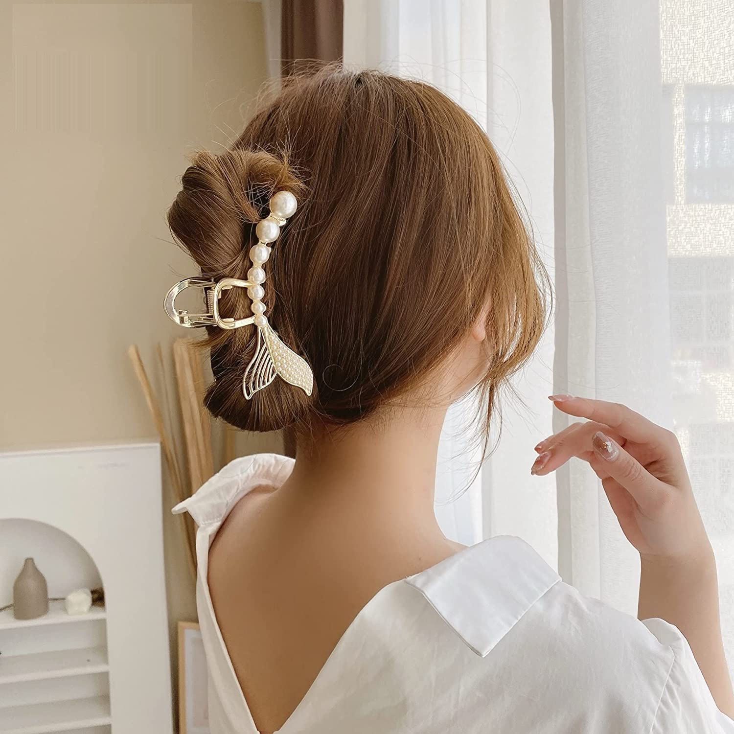 Pearl Fish Tail Hair Clips for Women - Large Hair Barrettes for Thick Hair - Party & Wedding Accessories