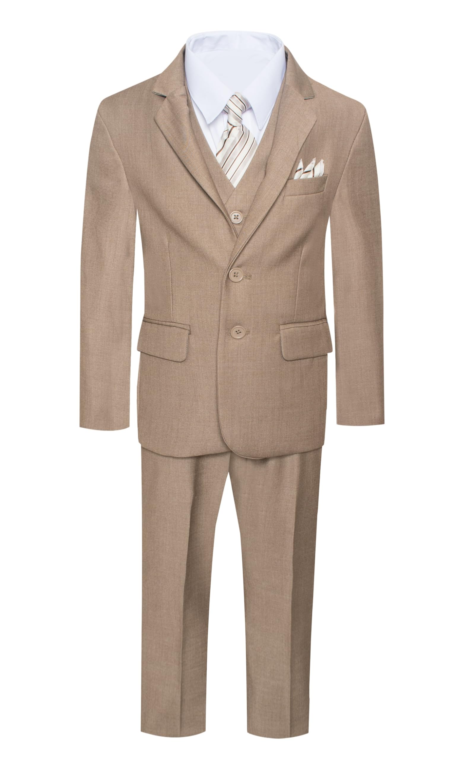 7-Piece Boys Slim Fit Formal Tan Khaki Suit Set with Vest, Pants, Dress Shirt & Tie - Sizes 1-18 | Perfect for Weddings, School Photos & Special Occasions