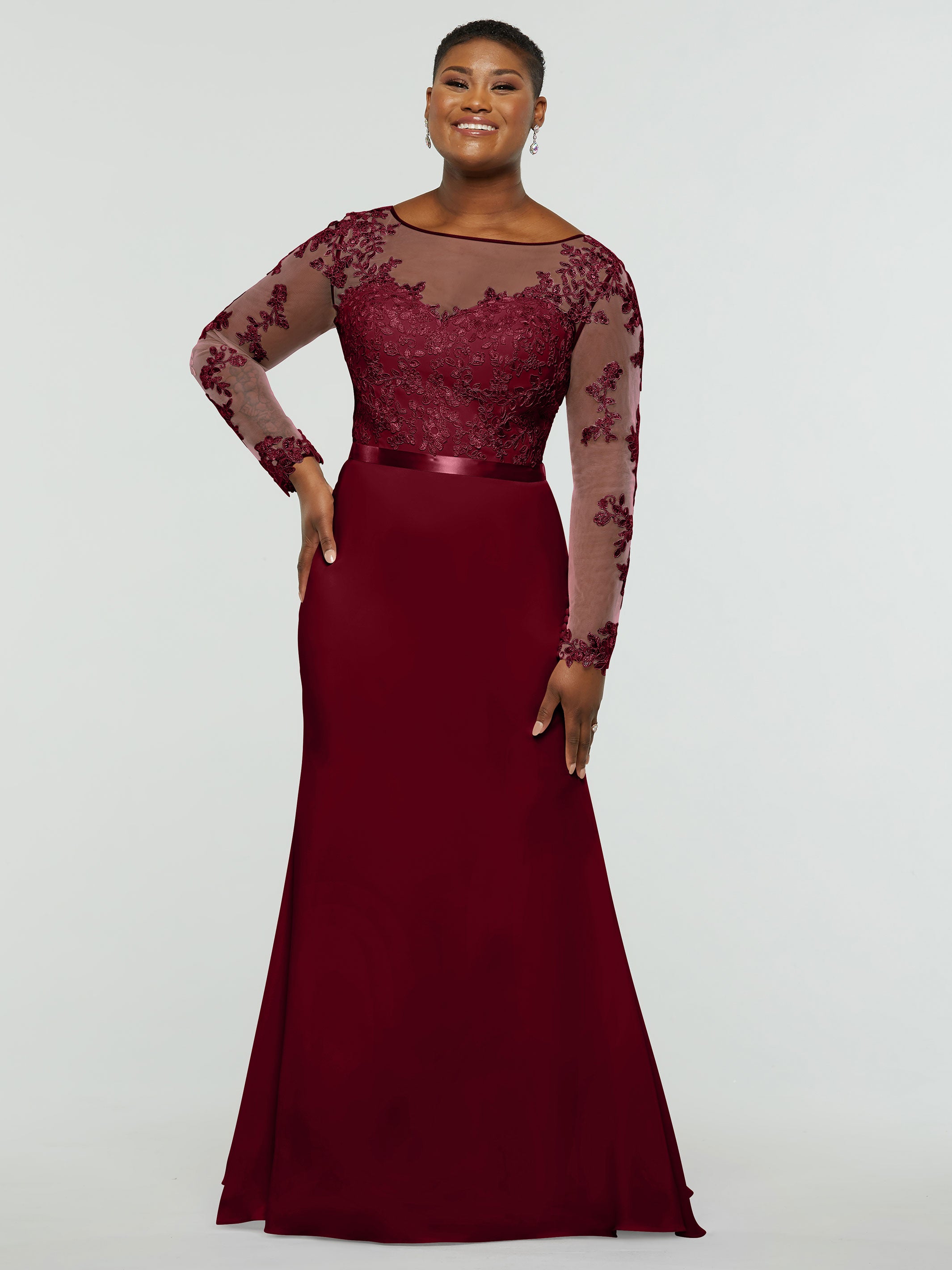 Elegant 80190 Chiffon & Lace Mermaid Bridesmaid Dress with Illusion Long Sleeves - Perfect for Weddings, Proms & Formal Events