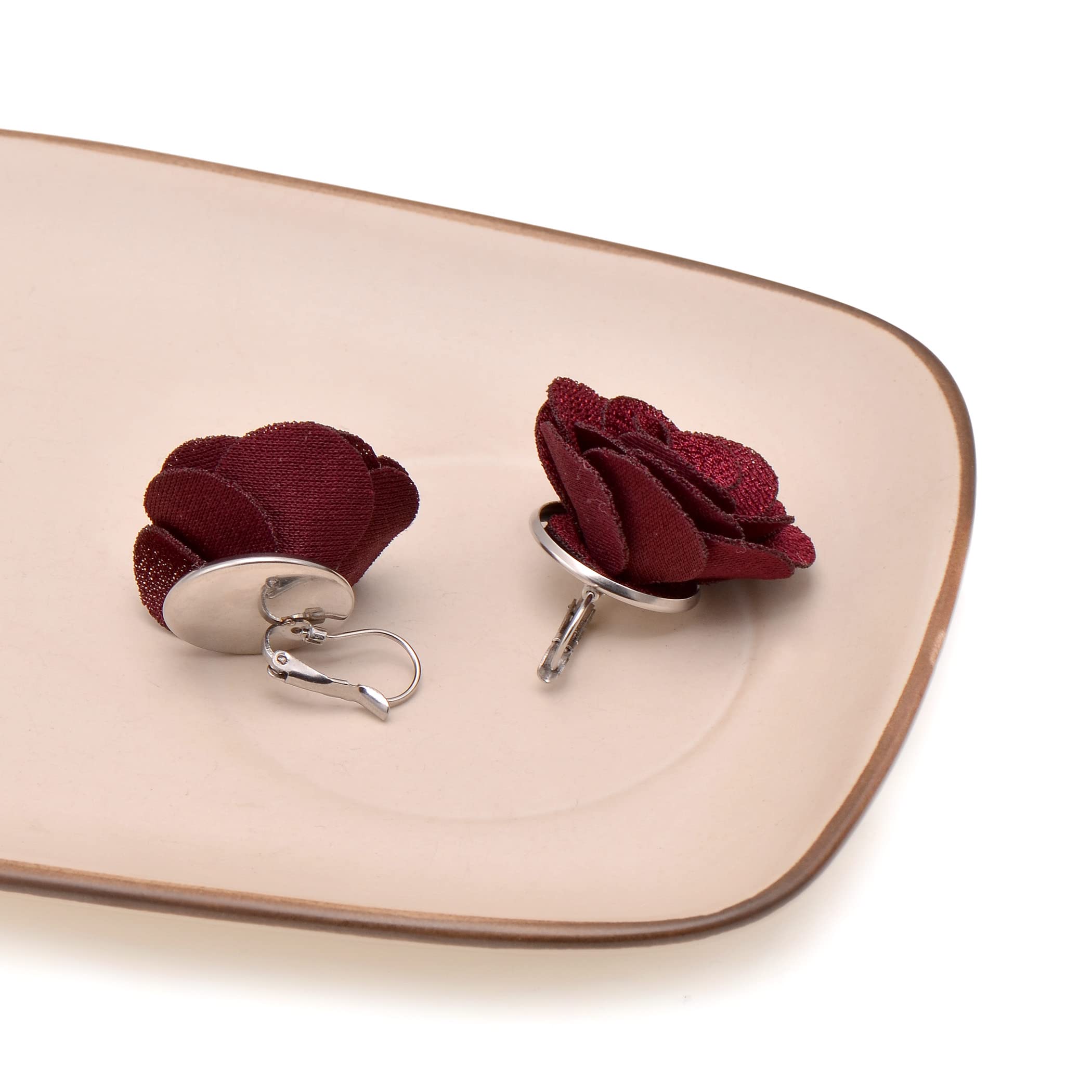 Joseph Brother Big Rose Flower Earrings for Women - Wine Red Leverback Dangle Earrings | Elegant Floral Jewelry for Parties, Weddings & Date Nights