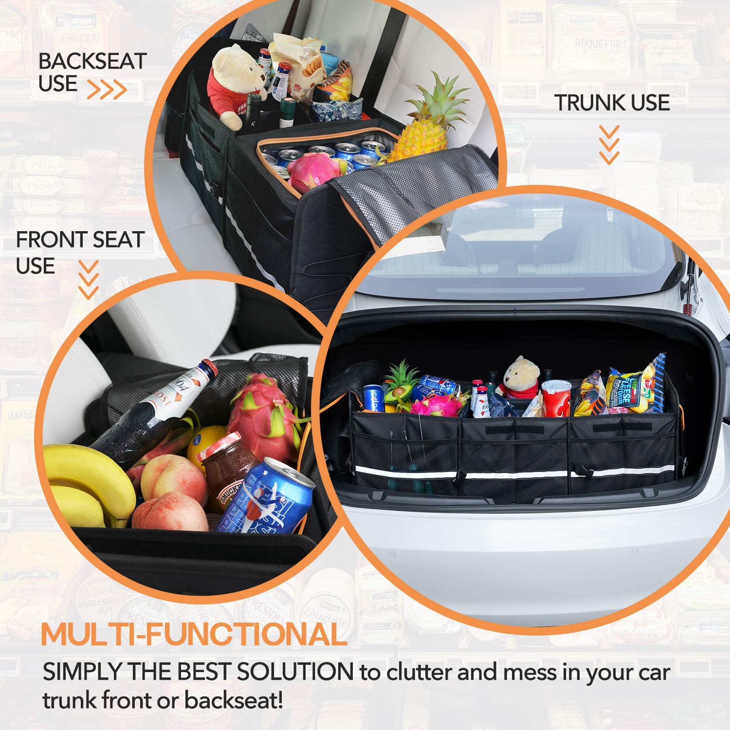 Large Car Trunk Organizer with Built-in Leakproof Cooler Bag & 2 Tie-Down Straps - Perfect for Road Trips, Camping, and Grocery Storage