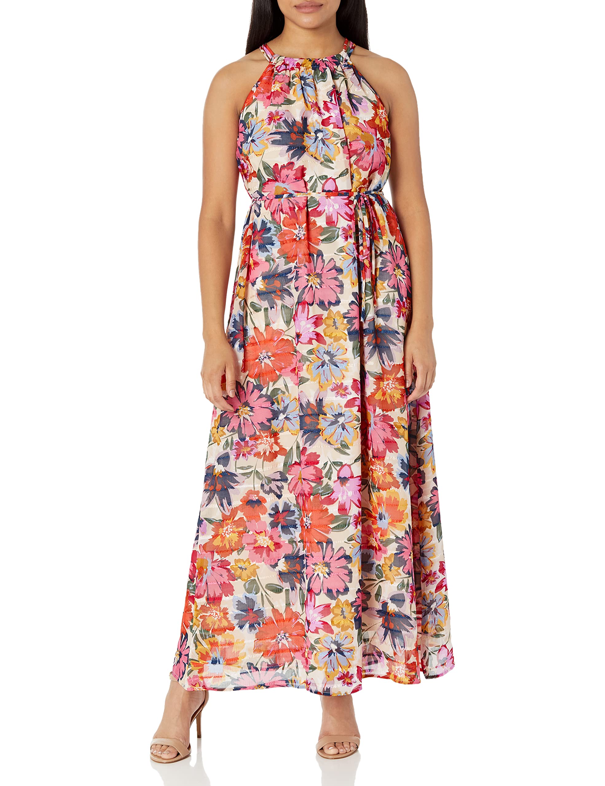 Maggy London Floral Halter Maxi Dress with Waist Tie for Summer Beach