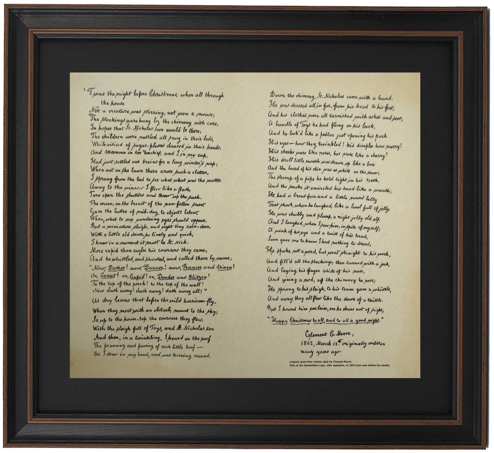 Framed 'The Night Before Christmas' Poem in Clement C. Moore's Handwriting - Handmade in USA - Perfect for Holiday Decor & Christmas Gift Giving