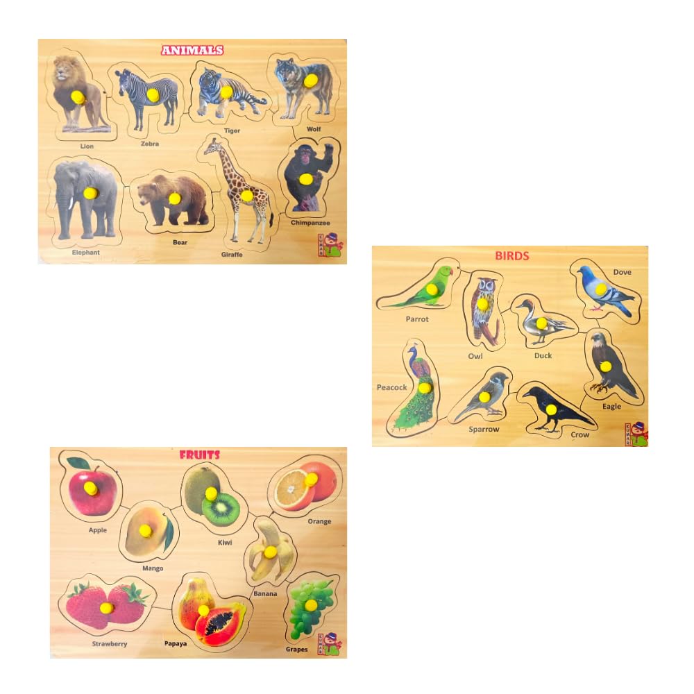 5-Piece Wooden Learning Puzzle Set for Kids & Adults - Shapes, Vegetables, Wild Animals, Birds, Fruits - Educational Wooden Toys for Toddlers 3+ Years - Perfect for Early Childhood Development & Family Game Night