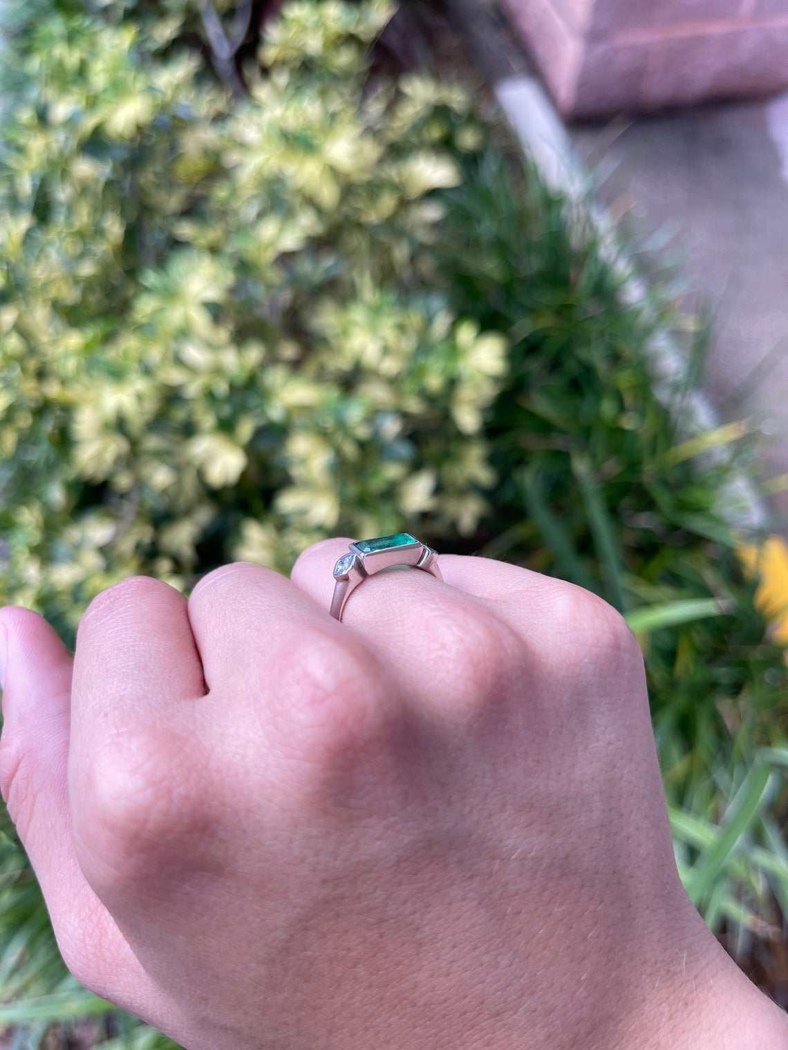 1.70tcw Three Stone Elongated Emerald & Princess Cut Diamond Bezel Ring in 18K Gold - Elegant Engagement, Anniversary or Gift Jewelry for Women