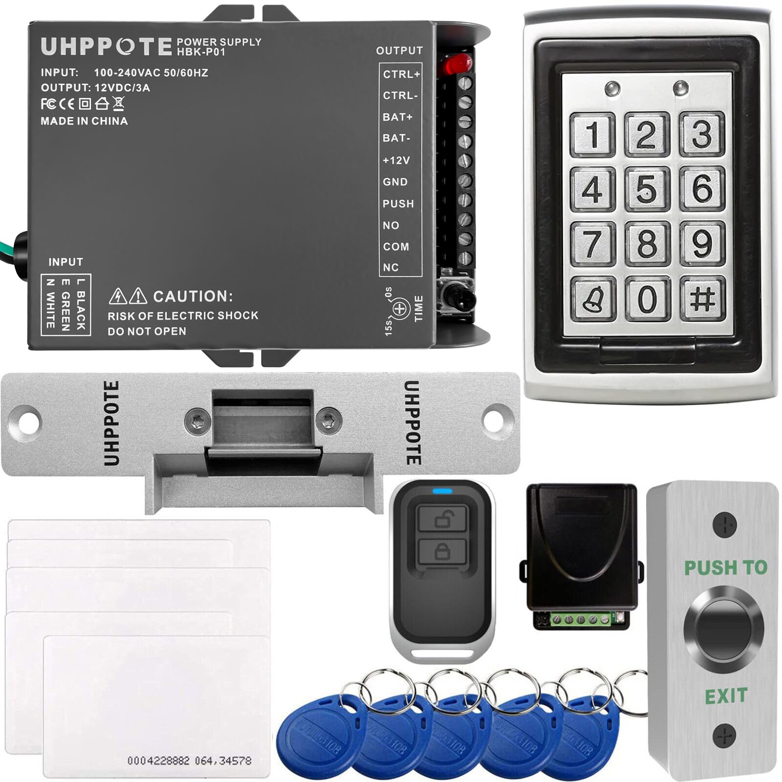 UHPPOTE Full Metal Shell 125Khz Standalone Door Access Control Kit with Electric Strike Lock & Power Supply - Secure Entry for Offices, Homes, and Commercial Buildings